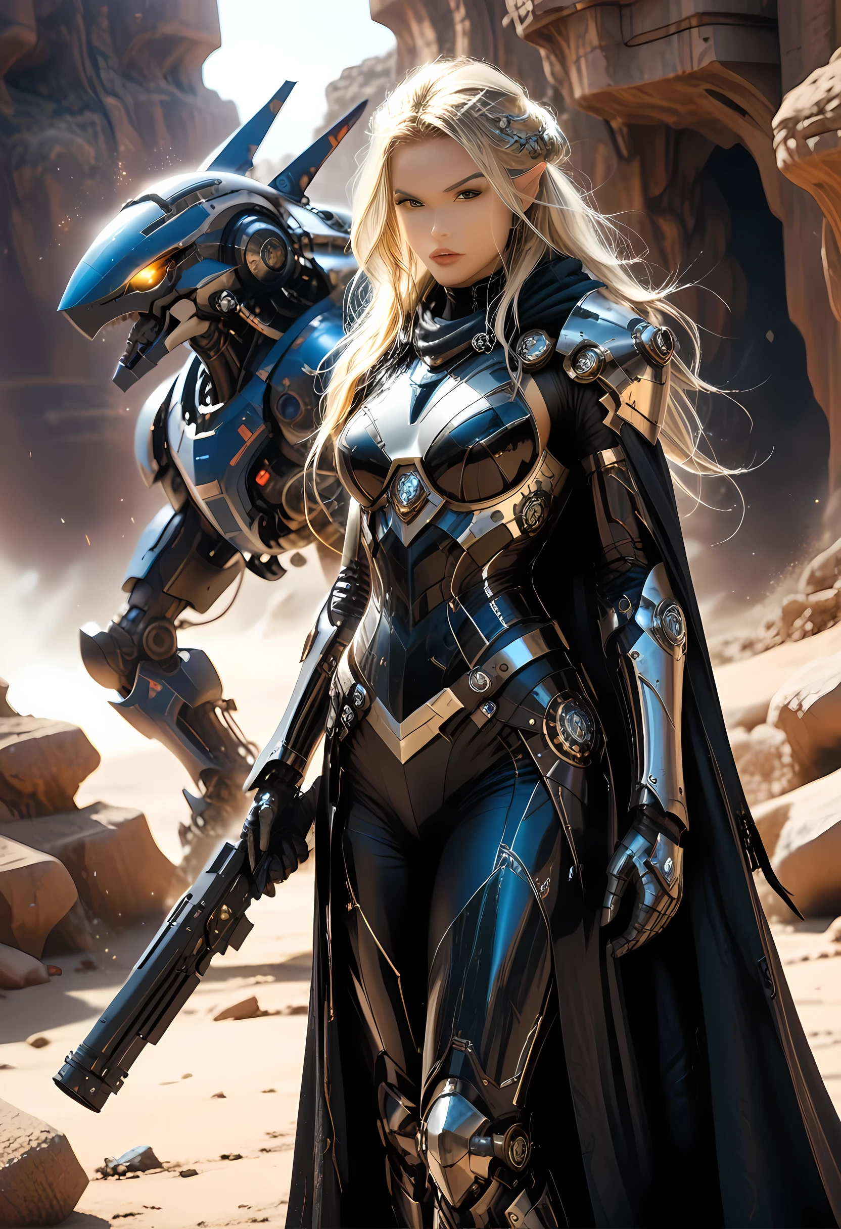 a picture of a mecha female elf, space swashbuckler, sci  fi  fencer, armed with a laser gun, metallic shine, full body, epic beautiful female elf, blond hair, long hair, billowing hair, small pointed ears, wearing  blue cloak, long cloak, wearing elven intricate white mech armor, delicate mech armor, shiny rubies studded in the armoe,  small cleavage, sense of daring, sense of adventure space station background, high details, best quality, 16k, [ultra detailed], masterpiece, best quality, (extremely detailed), dynamic angle, ultra wide shot, photorealistic, RAW, fantasy art, realistic art,((best quality)), ((masterpiece)), (detailed), perfect face, Mechanical parts, fantasy, niji, gothic, mecha