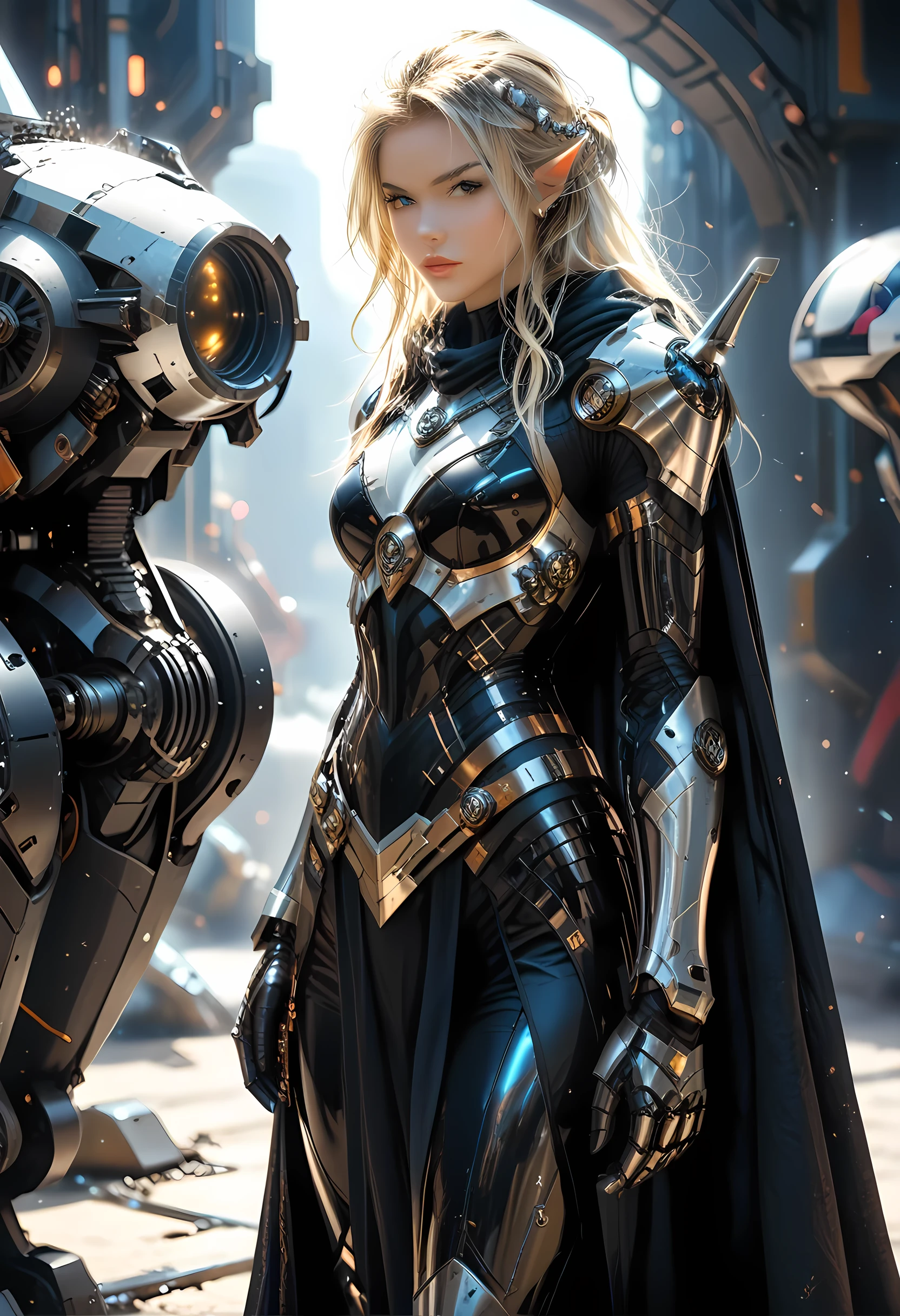 a picture of a mecha female elf, space swashbuckler, sci  fi  fencer, armed with a laser gun, metallic shine, full body, epic beautiful female elf, blond hair, long hair, billowing hair, small pointed ears, wearing  blue cloak, long cloak, wearing elven intricate white mech armor, delicate mech armor, shiny rubies studded in the armoe,  small cleavage, sense of daring, sense of adventure space station background, high details, best quality, 16k, [ultra detailed], masterpiece, best quality, (extremely detailed), dynamic angle, ultra wide shot, photorealistic, RAW, fantasy art, realistic art,((best quality)), ((masterpiece)), (detailed), perfect face, Mechanical parts, fantasy, niji, gothic, mecha
