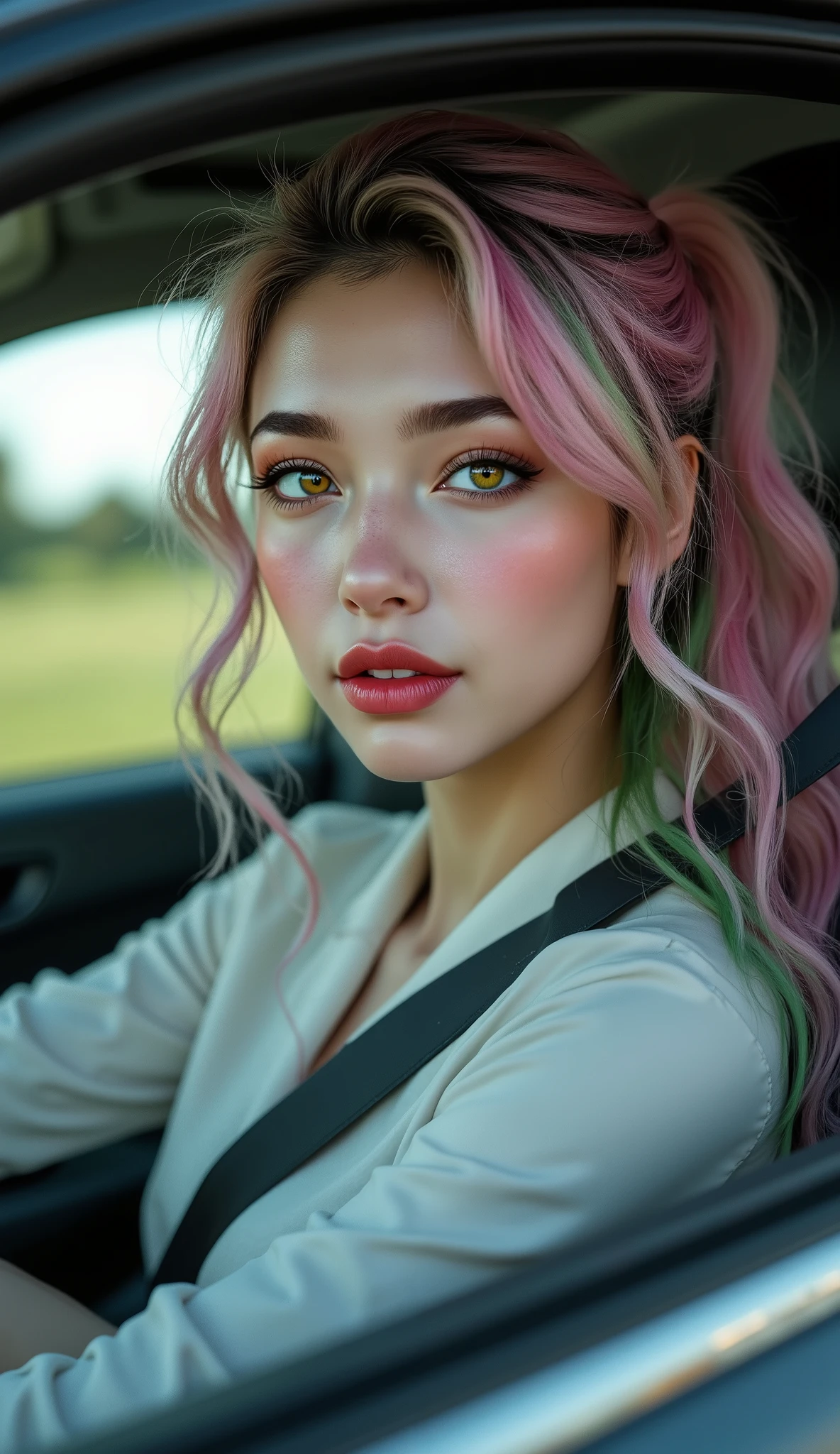 Realistic ((Photorealistic realism)), Hyper high resolution, ((Hyper insanel quality, epice masterciece, intricately detailed digital art)),((focus on extremely Realistic Proportion Body:1.3), ((full body photo)), perfect pear shape with her friends, pink and green hair, long ponytail hair, ((sharp focus, no blurry eyes, Hyper absurd quality, Hyper details,Hyper realistic yellow eyes:1.4)), (perfect round eyes), (finely detailed pupils, (extremely fine details pupils)), pink lips, clean skin, pale skin, golf, 그녀는 프로 golf 선수이다, She is traveling in a car to hole 1, Mobile vehicle, She is wearing a white shirt, a black short skirt, and black sneakers, There is a blush on her face, Happy expression, dslr, high quality split lighting, sharp focus captured by Fujifilm XT3, f 5.6,(perfect composition),((look at the viewer)), (Rendering engine: "Unreal Engine 5 path tracing, 16K texture maps") The ultra-Highres,Unreal 5,Subsurface scattering,PBR Texturing,Post-Processing,Anisotropic Filtering,depth of fields,Maximum Sharpness and Sharpness,multi-layered texture,Albedo and Specular maps,Surface Shading,Precise simulation of light-material interactions,perfectly proportions,Octane rendering,Two-tone illumination,Wide Aperture, low ISO, white balance, The rule of thirds
