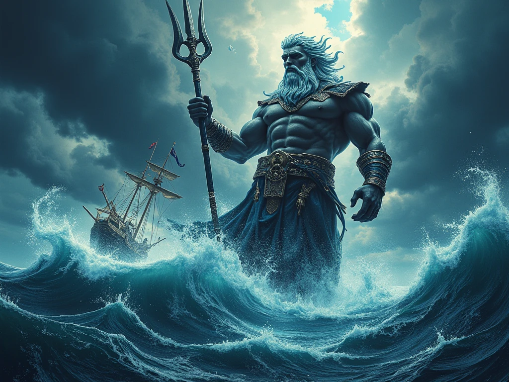 a giant Greek god Poseidon his body is translucent shining and holding his trident, he comes out from water, as if his whole appearance made with water and air, a large Viking ship sailing in the sea fighting the storm in front him, stormy night, Greek fantasy landscape near land medieval fantasy, hp Lovecraft movie frame, sharp focus, hyper realistic, intricate details, hyper detailed, 16k, UHD, epic scenery, shallow depth of field, cinematic stormy day natural dynamic lighting