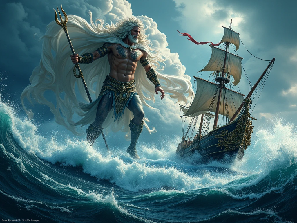 An awe-inspiring tableau of divine wrath unfurling across a tumultuous seascape. The god of the sea, Poseidon, looms large in the foreground, his muscular form a study in furious power. With skin the color of ancient marble, he wields his mighty trident, the three-pronged weapon emanating crackling bolts of electricity that pierce the darkened sky. His eyes, as deep and stormy as the ocean itself, are narrowed in fierce concentration as he commands the waves to rise. The sea around him is a chaotic maelstrom of rage, with monstrous waves cresting into frothy white peaks, each one threatening to swallow the terrified mortal ships that valiantly struggle against the onslaught. The vessels are flung about like toys, their sails shredded and masts snapped. In the background, a coastal city trembles in anticipation of the impending doom, its towering structures casting long, tremulous shadows over the shore. The heavens above mirror the tumult below, with swirling clouds of ash and fire reflecting the god's fury. The air is charged with the scent of brine and ozone, as the horizon blurs into a wall of inky water. Amidst the chaos, a solitary lighthouse stands tall, a symbol of hope and resilience in the face of the relentless sea's wrath. The entire scene is bathed in an eerie, pre-apocalyptic light, casting a pallor over the drenched world that seems to whisper of the tempest's destructive power.