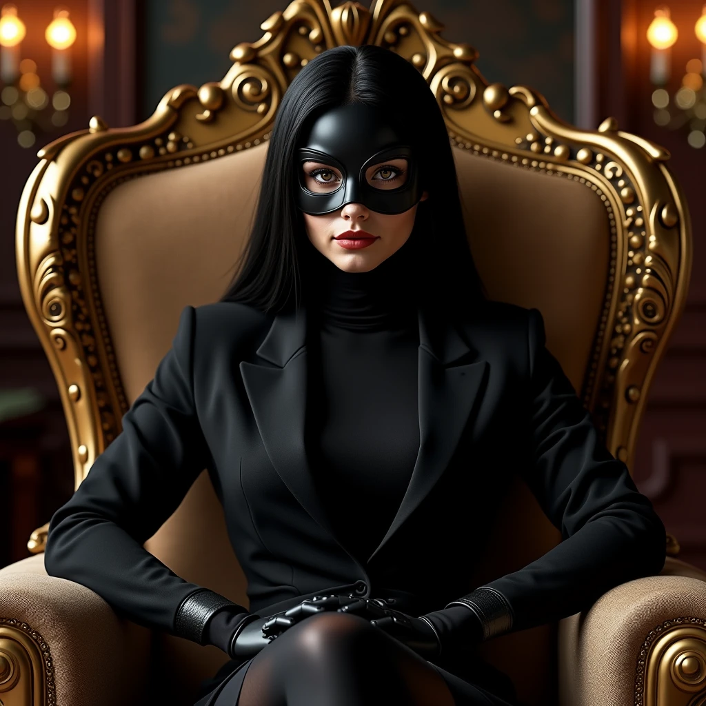 Actress saumya tandon in a black saree, high heels, black gloves with sharp cat like claws, wearing a cat head mask which covers her  green cat eyes attach with her attire a black cape, ready to unleash her wrath upon her prey with a signature meow pose, and has a cunning smile on her cherry red lips. The evil Catwoman is sitting on a cat shape like throne