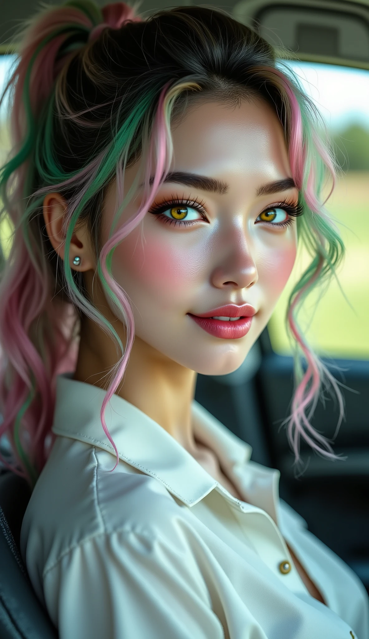 Realistic ((Photorealistic realism)), Hyper high resolution, ((Hyper insanel quality, epice masterciece, intricately detailed digital art)),((focus on extremely Realistic Proportion Body:1.3), ((full body photo)), perfect pear shape with her friends, pink and green hair, long ponytail hair, ((sharp focus, no blurry eyes, Hyper absurd quality, Hyper details,Hyper realistic yellow eyes:1.4)), (perfect round eyes), (finely detailed pupils, (extremely fine details pupils)), pink lips, clean skin, pale skin, golf, 그녀는 프로 golf 선수이다, She is traveling in a car to hole 1, Mobile vehicle, She is wearing a white shirt, a black short skirt, and black sneakers, There is a blush on her face, Happy expression, dslr, high quality split lighting, sharp focus captured by Fujifilm XT3, f 5.6,(perfect composition),((look at the viewer)), (Rendering engine: "Unreal Engine 5 path tracing, 16K texture maps") The ultra-Highres,Unreal 5,Subsurface scattering,PBR Texturing,Post-Processing,Anisotropic Filtering,depth of fields,Maximum Sharpness and Sharpness,multi-layered texture,Albedo and Specular maps,Surface Shading,Precise simulation of light-material interactions,perfectly proportions,Octane rendering,Two-tone illumination,Wide Aperture, low ISO, white balance, The rule of thirds
