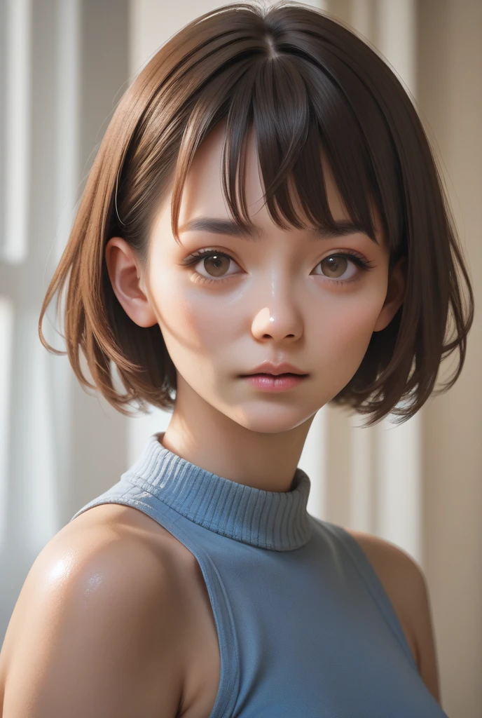 (masterpiece:1.5)、(Realistic:1.5)、(Highest quality:1.4、8K、RAW Photos)、 Ultra-high resolution、Professional Lighting、Perfect dynamic composition、Film Grain、chromatic aberration、(bokeh:1.1)、 Frank、Sophisticated、charm、超Realistic、Attention to detail、Golden Ratio、 (1 Girl)、slender girl、Delicate and charming girl、Cute Woman:1.4、 Serious expression、Looking at the audience、Light brown hair、Shiny Hair、The hairstyle is a bob cut、 Realistic looking skin、 shut up.、Beautiful Eyes、double eyelid、Thin arms、White high neck ribbed sweater (((Blur background F value 1.4)))