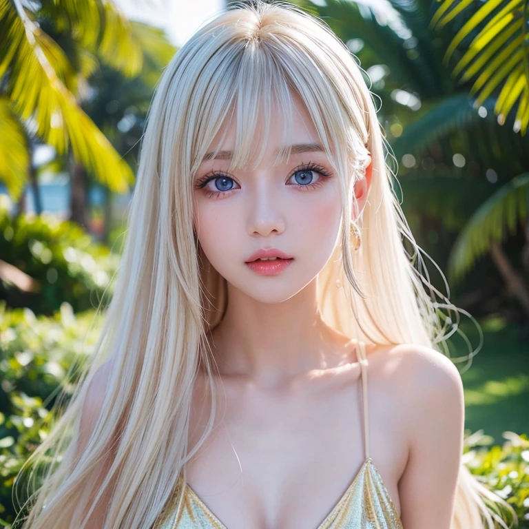 Windy hair that wraps around a very beautiful face、Beautiful eyes hidden in hair、very shiny、very cute and beautiful face、Beautiful shiny skin、Very beautiful and cute sexy shining beautiful light blue eyes、Very long and shiny silky blonde beautiful hair、Beautifully swaying bangs、sexy 12 year old very beautiful girl、cute and sexy eyes、snow-white beautiful skin、bikini、standing posture、Thin limbs