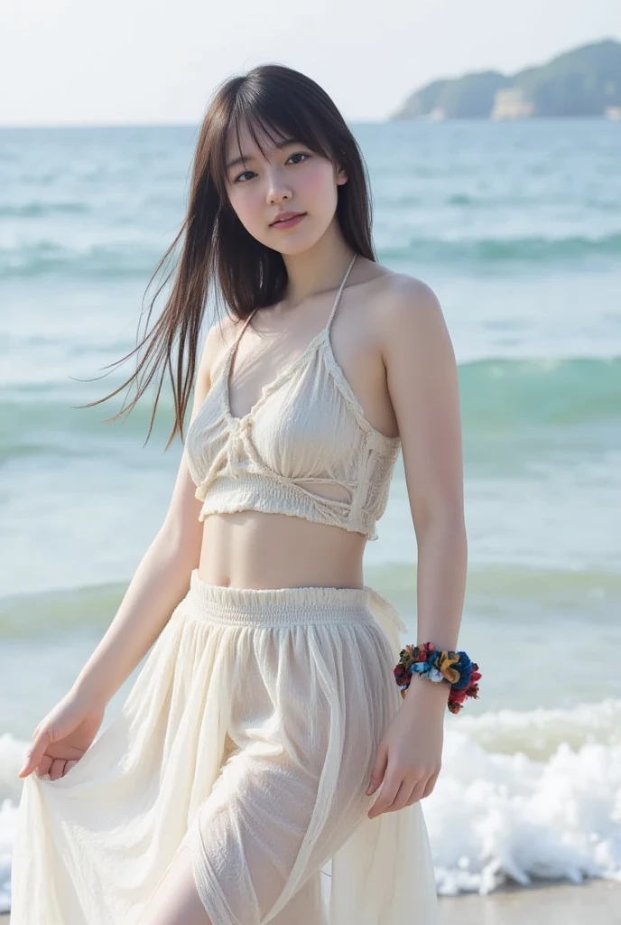 (masterpiece), (highest quality), (Super detailed),(Disheveled Hair),(figure), (One girl), (Summer clothes), Are standing, Fashion Model, View your viewers, (interview), (beach),Beautiful fine details, Delicate and beautiful face, floating,(High saturation),(Colorful splashes),Colorful bubbles,(The Shining), Focus on the face, Hair Ring, Floating Flowers, Floating hair, (The Shining), Best lighting, Best Shadow,