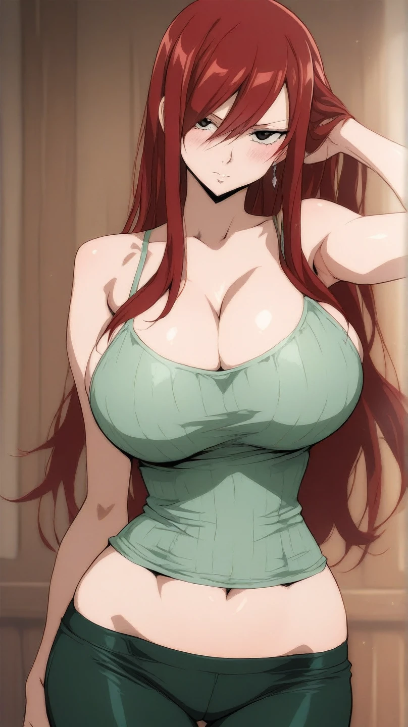 A Soviet military girl, tall, sexy, big breast, good, friendly, happy, long red hair, smooth, soft, blue eye, pink lip, she wears a metallic green top, a black patch on her chest, a yellow ribbon on her waist, and her pants, a big metallic green thigh, a sensual big yellow boot, wearing a black Soviet winter cap.