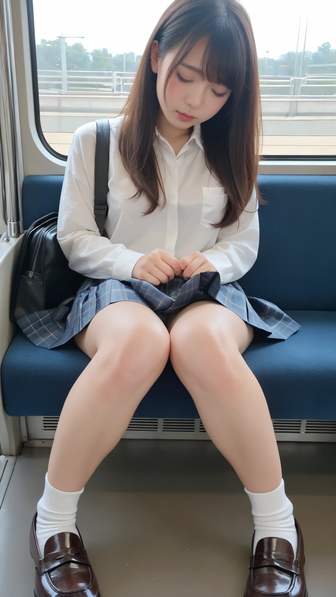 (masterpiece, best quality, 8k, RAW photos, beautifully、aesthetic:1.2), intricate details, indirect lighting, realistic,
whole body, sit on a chair on the train、spread your legs, Looking at the viewers、Voyeur、
Square-neck button-down linen sundress, (매우 realistic 팬티스타킹)、
women training , Chair to sit under the skirt,
