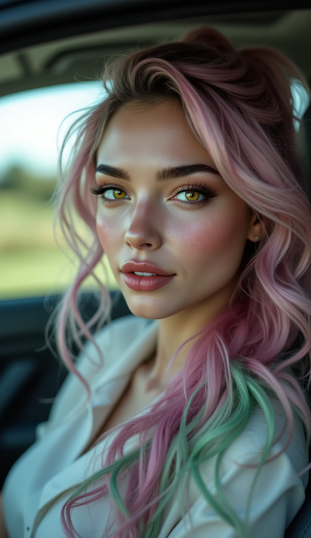 Realistic ((Photorealistic realism)), Hyper high resolution, ((Hyper insanel quality, epice masterciece, intricately detailed digital art)),((focus on extremely Realistic Proportion Body:1.3), ((full body photo)), perfect pear shape with her friends, pink and green hair, long ponytail hair, ((sharp focus, no blurry eyes, Hyper absurd quality, Hyper details,Hyper realistic yellow eyes:1.4)), (perfect round eyes), (finely detailed pupils, (extremely fine details pupils)), pink lips, clean skin, pale skin, golf, 그녀는 프로 golf 선수이다, She is traveling in a car to hole 1, Mobile vehicle, She is wearing a white shirt, a black short skirt, and black sneakers, There is a blush on her face, Happy expression, dslr, high quality split lighting, sharp focus captured by Fujifilm XT3, f 5.6,(perfect composition),((look at the viewer)), (Rendering engine: "Unreal Engine 5 path tracing, 16K texture maps") The ultra-Highres,Unreal 5,Subsurface scattering,PBR Texturing,Post-Processing,Anisotropic Filtering,depth of fields,Maximum Sharpness and Sharpness,multi-layered texture,Albedo and Specular maps,Surface Shading,Precise simulation of light-material interactions,perfectly proportions,Octane rendering,Two-tone illumination,Wide Aperture, low ISO, white balance, The rule of thirds