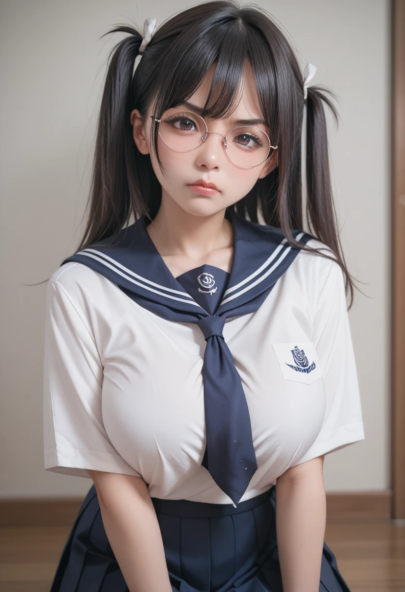 (((round face))), (blush, open mouth), ((large areolas)), ((bending to open legs, showing off her pubic hair and genitals)), (young woman, white summer shirt, red ribbon, dark navy blue pleated skirt, uniform), ((braid, stylish glasses)), sidewalk downtown, straddling,