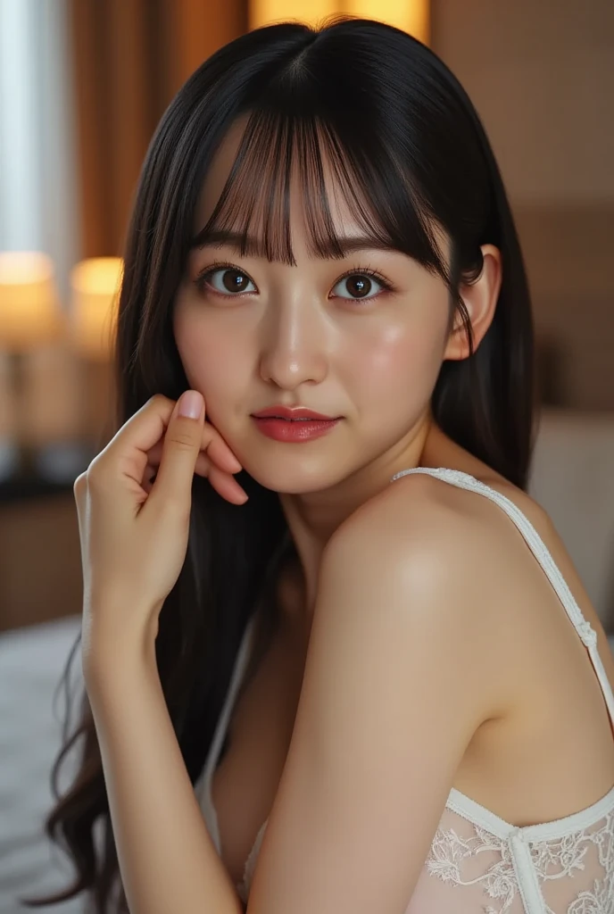 (smile)、(disorganized、highest quality、Mysterious、Beautiful and cute、perfect human body balance、official art:1.2)、(1 girl:1.3)、(big breasts:1.2)、shiny skin、(detailed nightdress:1.4)、(Looks embarrassed:1.3)、(long hair:1.3)、(masterpiece portrait)、(Japanese)、(age girl)、brown eyes、chic wallpaper、calm background、bedroom、