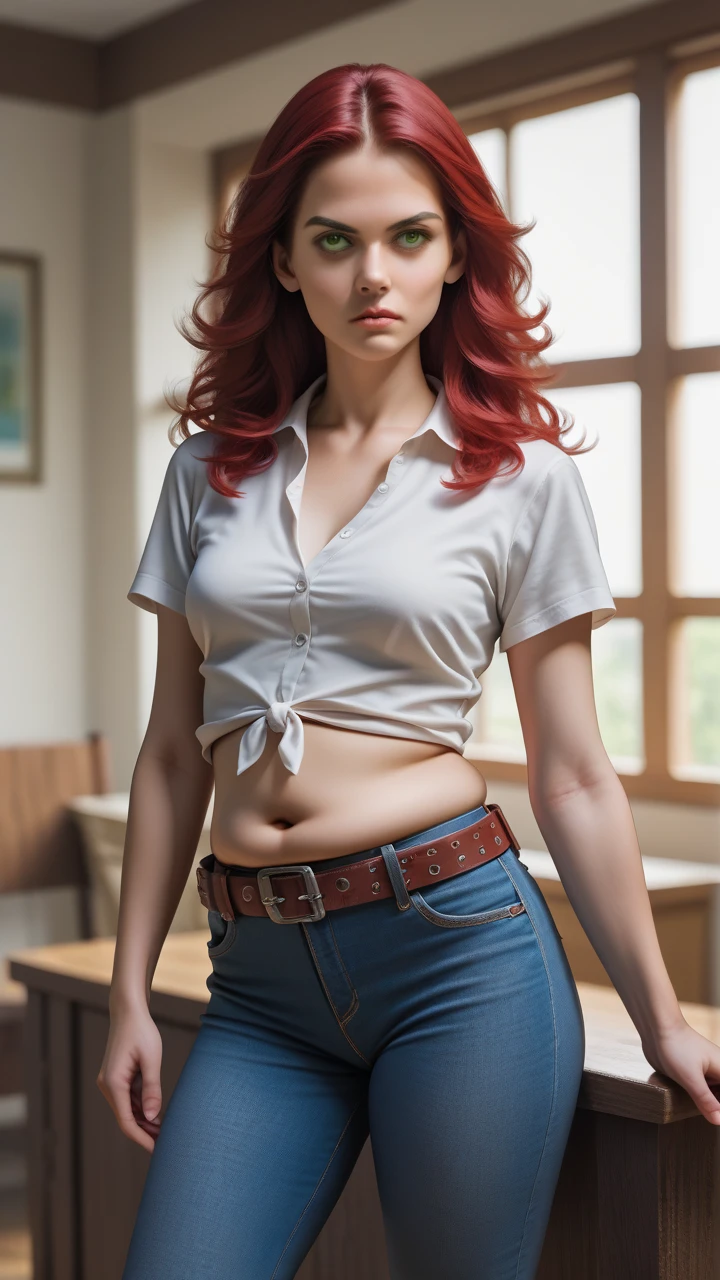 ultra realistic, photography, red heaired girl, 20 years old, hourglass figure, perfect body, long legs, Flirty look, wearing a white buttoned up shirt, extremely detailed artgerm, in the style artgerm, Cleavage, small breasts, facing the camera, studio, Nikon z fx, lens 35 mm, blur background, wearing a short black skirt, shopping mal background