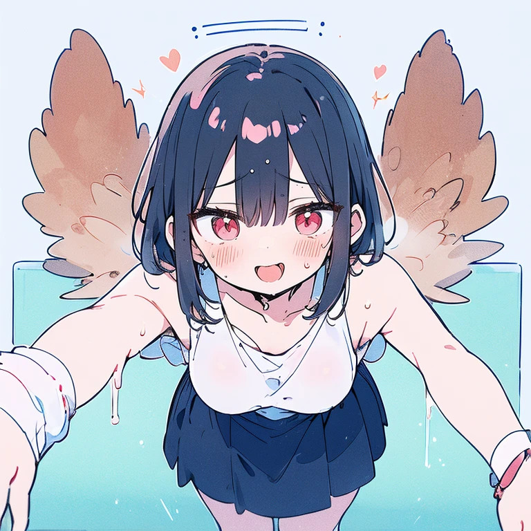 naked,Black Hair,black eye,short hair,blush,Ahe-face,Climax face,Nipples,Angel Halo,Angel's wing,Sticking out tongue,Looking up only with eyes,Leaning backwards