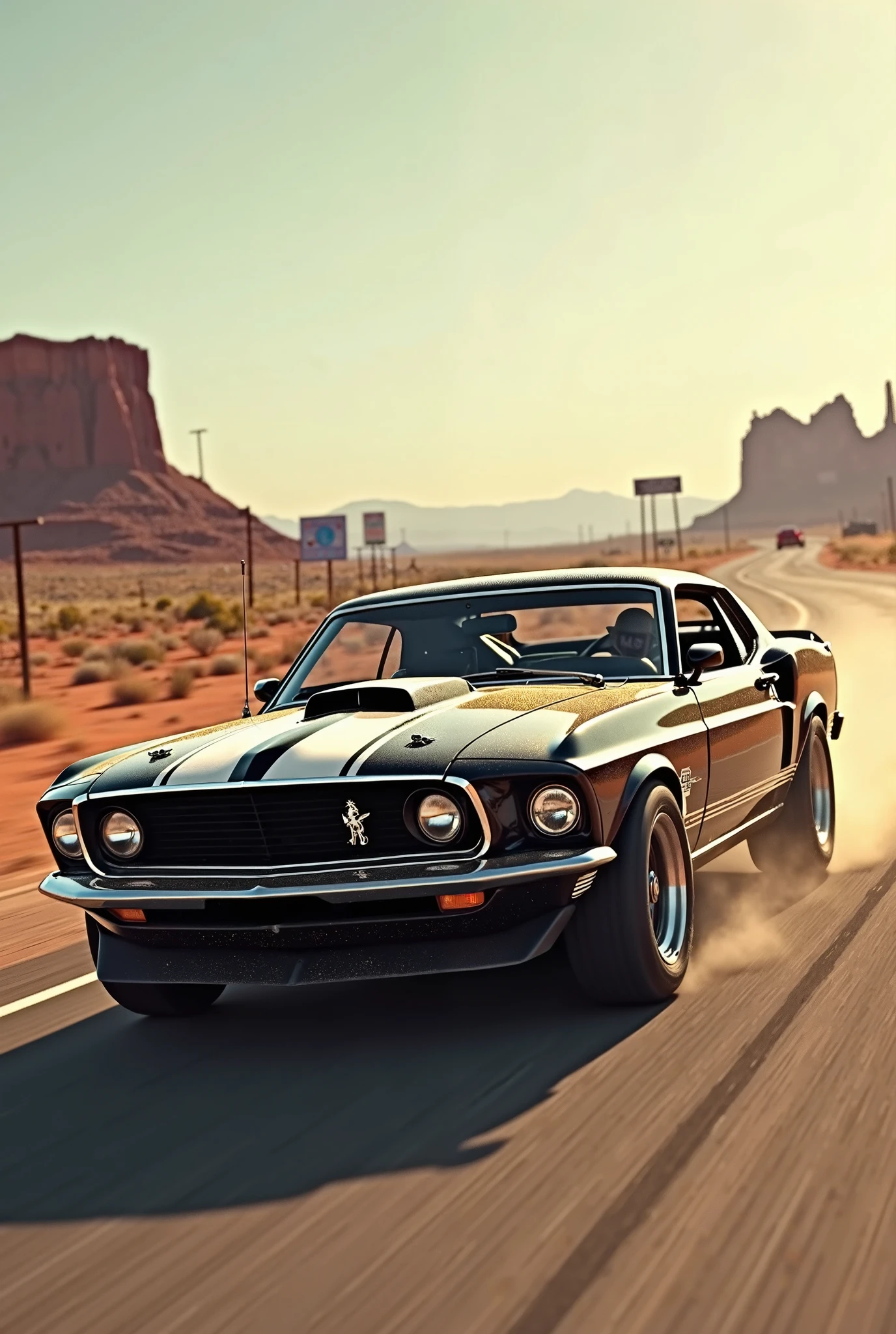 69 GT black Mustang with white stripes on the road realistic Route 66 ...