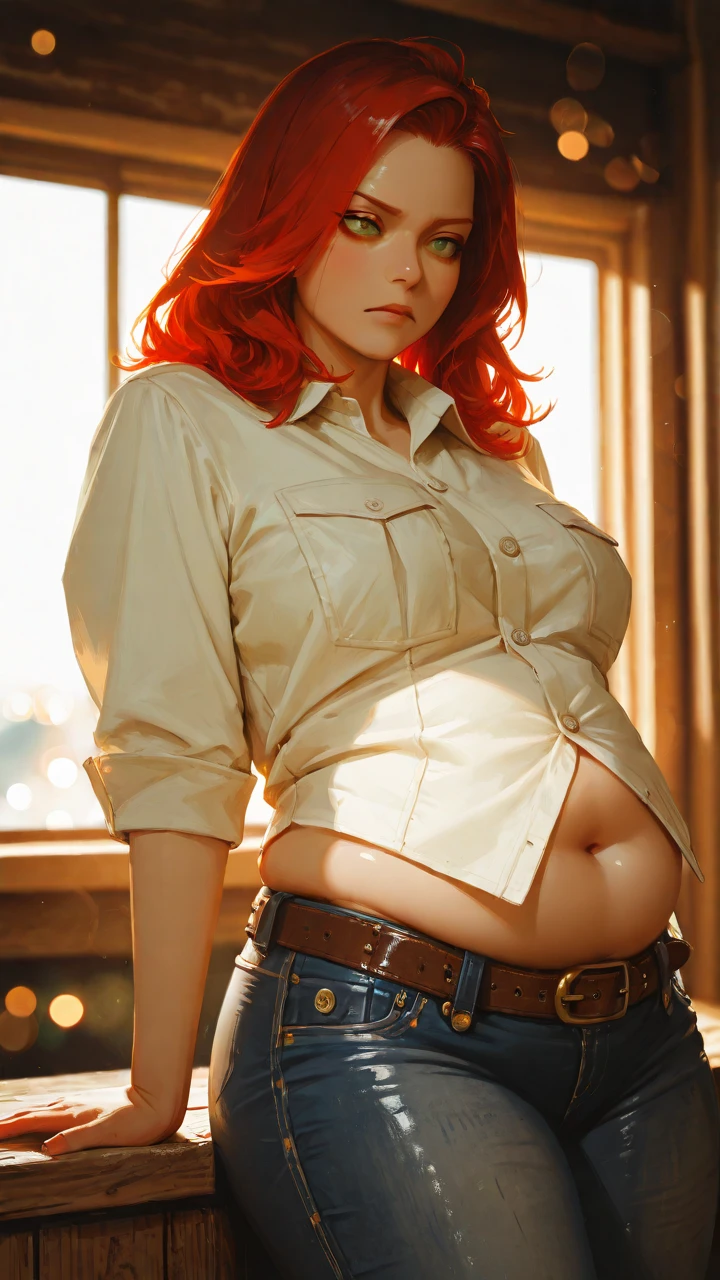 pregnant, 1girl, 30 years old, height 182 cm, weight 67 kg, perfect face, milf, cute face.
well-lit bar background, cinematic light, 8k, hyper detailed, detailed Belly, pregnant, smile, caucasian skin, white sleeveless crop top, full body, black gloves, hand on hip, pregnant belly, navel, red tie, parted red hair on the left side, short hair, alone, suspenders, brown dress pants, brown men's shoes, pregnant sexy