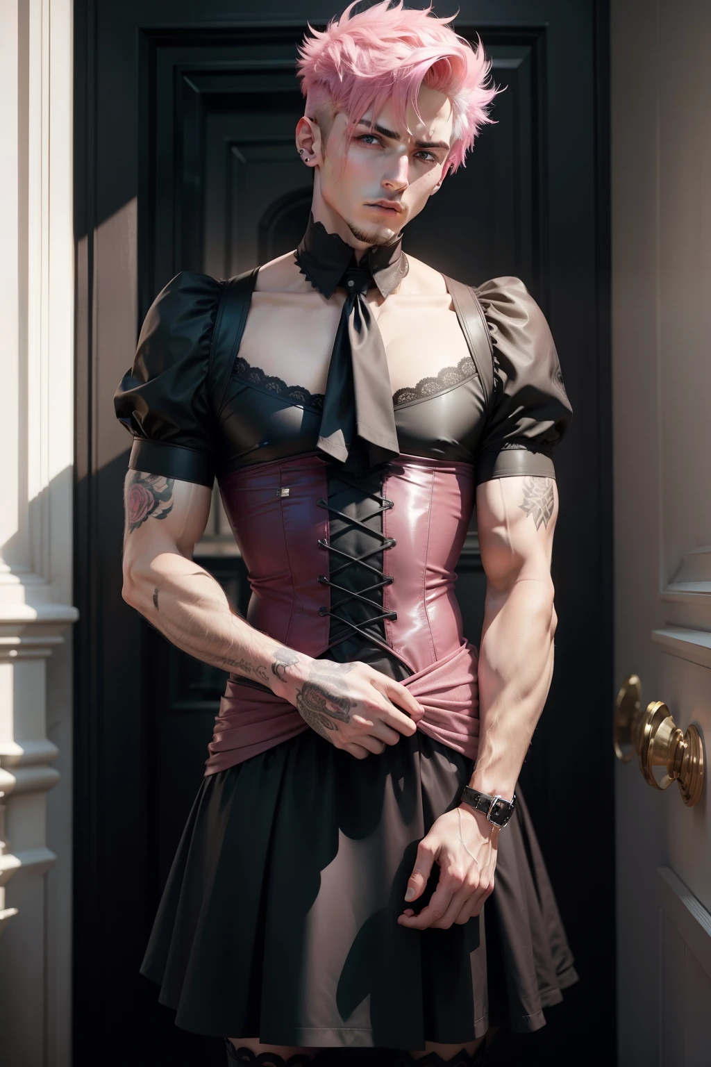 1 man, muscular man, long black beard, <lora:BaldifierW2:2> bald, <lora:wrenchlogown:1> wrenchlogown pink dress, embroidery, frills