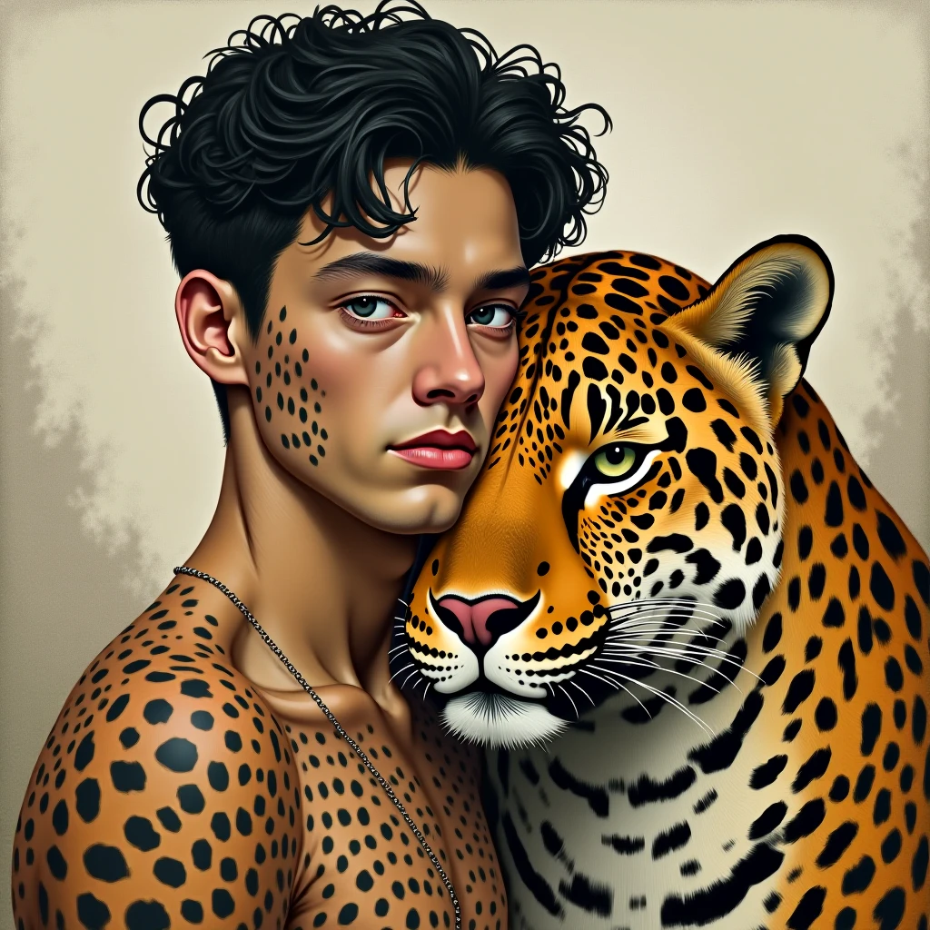 Portrait d'un mannequin masculin, 22 ans, corps sculpté, regard intense, portant un chapeau et un chat, fond tropical