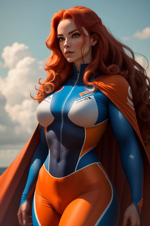 Busty muscular Amouranth, strong huge biceps, strong tonned abs, enormous round tits, huge firm boobs, hypermuscular bodybuilder, Orange hair, blue eyes, exposed abs, white superheroine costume and cape, goddess divine white costume, space background