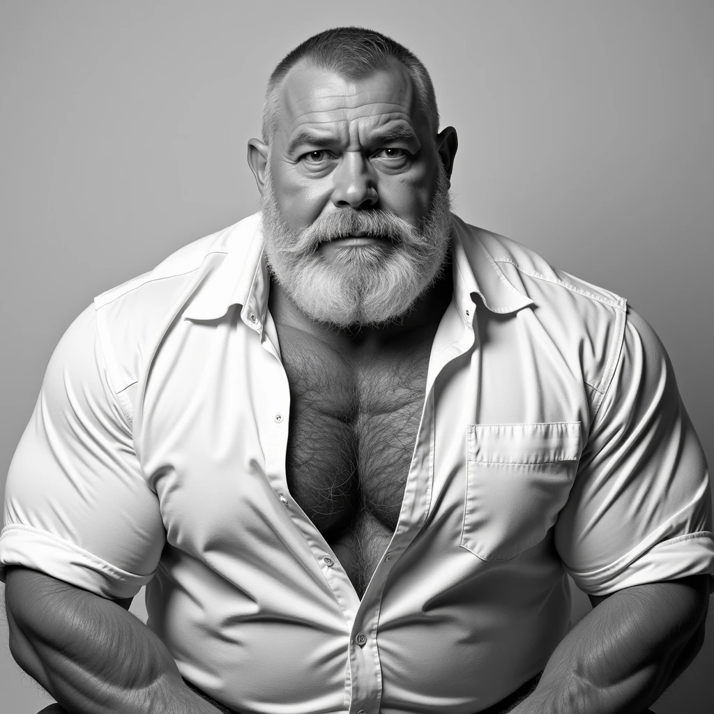 A portrait full body photograph A tractive mid age heavy trucker-driver, bald Strong, muscular, hairy big belly bodybuilder, showing very hairy groin area, epic realistic, photo, faded, neutral colors, ((((hdr)))), muted colors, intricate scene, artstation, intricate details, vignette --auto --s2