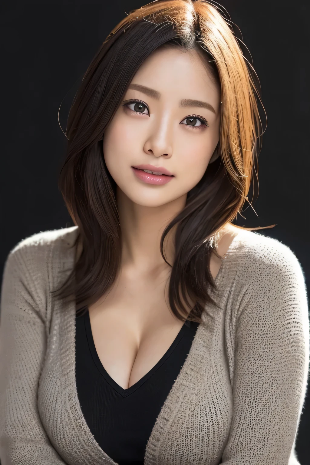 Highest quality, masterpiece, Ultra-high resolution, (Realistic:1.5), RAW Photos, One girl, In the Dark, Deep Shadow, Modest, Cold Light, Sexy Looks, short hair, huge breast, huge (hugeな:1.47), Obvious cleavage, Open chest, Black Silk (((Deep V-neck)))Slip dress, Looking at the audience, short hair, Low Light, Captivating look, necklace, Thick lips, very hugeな breast, huge breast, Visible armpits, 目にVisible armpits, Place one hand on hip, Touching hair with one hand, straight Long Hair, Long Hair, Raise one hand, Stand Upright