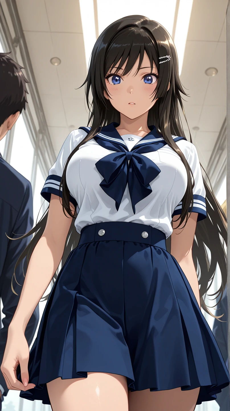 (masterpiece),(best quality),(Ultra Details),(BEST ILLUSTRATION),(best shadow),(Detailed Background),(so beautiful)、,(())、takamura yui, 1peopleの女の子, chest, 1people, solo, black hair, , sailor suits, check skirt, from below, ,masterpiece, best quality, great quality, long hair, bungs, blue eyes, Gold, hair ornament, hair clip, Big Breasts, from below