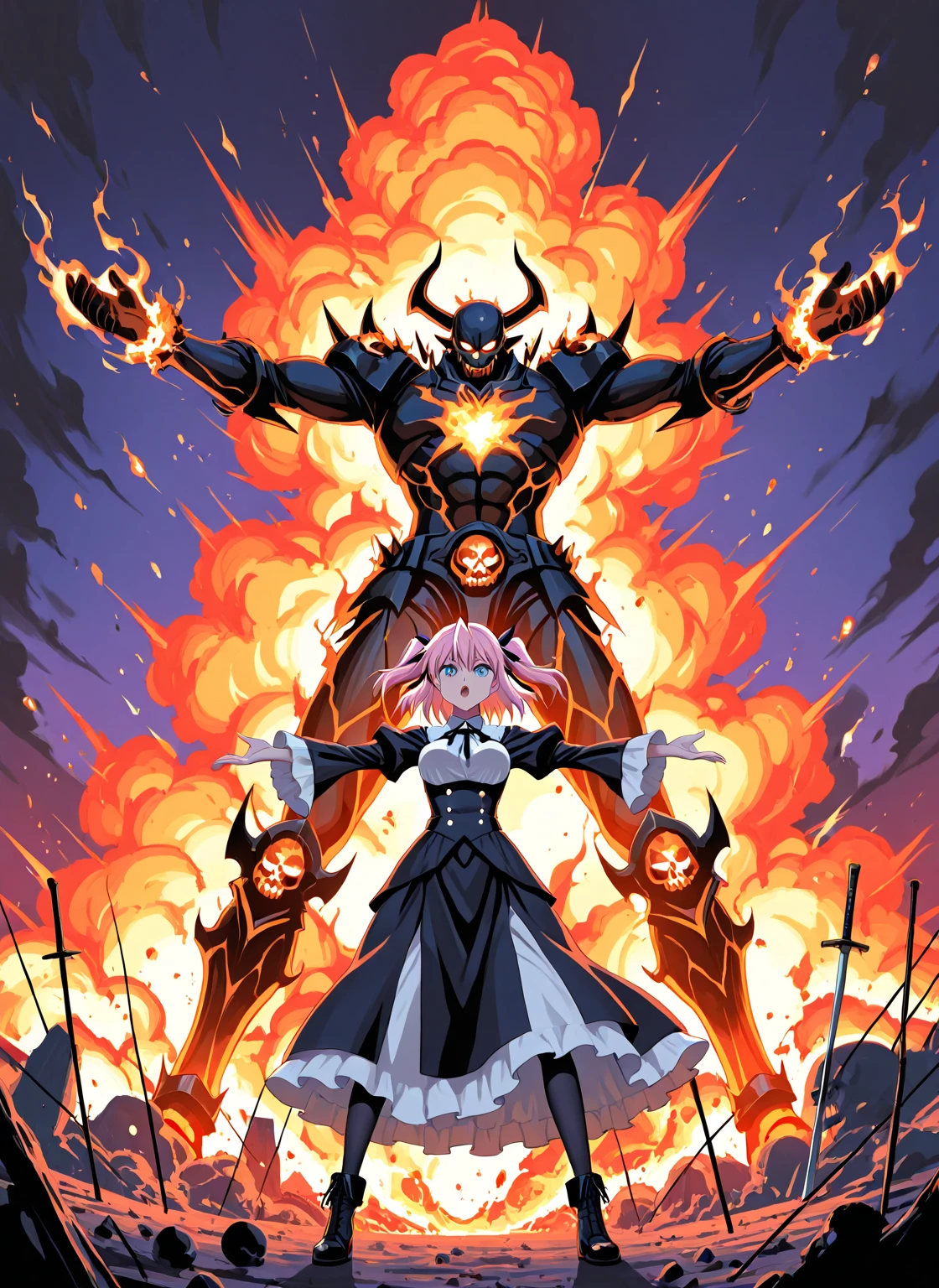 a sinister shadow and a 3-horned human hanging a woman