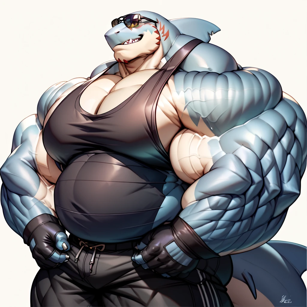 a muscular male shark, light grey skin, dark red eyes, walking up from the sea, blue swimming trunks, bulge in crotch, shirtless, body wounds, furry, bara, (best quality,4k,8k,highres,masterpiece:1.2),ultra-detailed,(realistic,photorealistic,photo-realistic:1.37),highly detailed portrait, detailed texture, dramatic lighting, cinematic, by hyaku