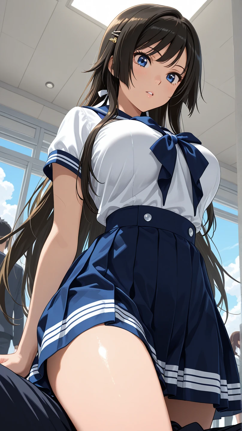 masterpiece, best quality, very aesthetic, absurdres, 1girl, mature_lady, 1girl, thighhighs,one thighhigh is white, another thighhigh is black, white stocking, black stocking, pleated skirt, shirt tucked in, tented shirt,bow, wet_clothes,raining,waterdrop,,amiya_(arknights), animal ears, rabbit ears, blue eyes, brown hair, tight medium hair, half-up, long ponytail,,in gym,floating_clothes