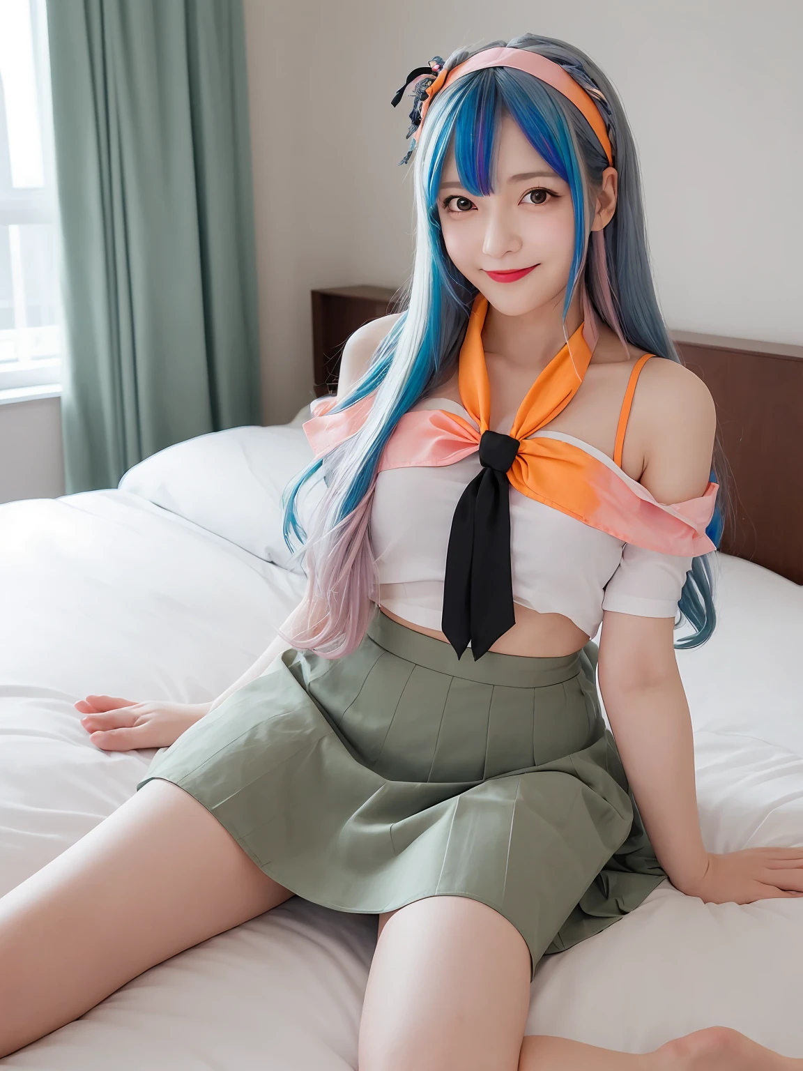 masterpiece, best quality, extremely detailed, girl, skirt, curly hair, lightblue hair,  idol, girl, bigeyes, tareme, bags under eyes, solo, long hair, harf twin tairs, bent over, bikini