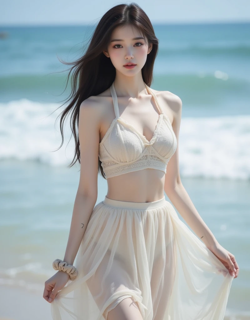 maid attire, black pantyhose, high heels, Beauty, beautiful女人，Have a perfect body：1.4，Layered Hairstyle，((Big breasts)), ((D cup)), Visible cleavage，Bare shoulders, Highly detailed face and skin texture，Double eyelids，Skin Whitening，Long hair，Whitening long legs，Standing by the sea, Fashion girl, Red lips, Sweet maiden, beautiful妆容, detail, lifelike, Very detailed, amazing, beautiful, Young and energetic, high quality，High Definition, rich and colorful，Exquisite, Smooth skin, The skirt is short, Lift the skirt with your hands, Elegant and charming posture, Official Art, Extremely detailed, Movie atmosphere, Soft colors, Natural skin texture,