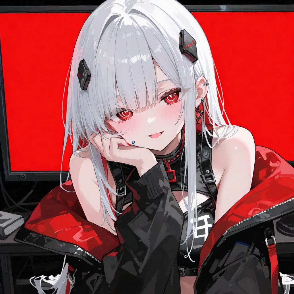 She is a captivating demon girl with short silver hair framing her delicate features. Adorning her ears are headphones, adding a modern twist to her appearance. Her eyes are closed, veiling her gaze in an enigmatic allure. Wrapped around her slender figure is a dark coat worn in an off-shoulder style, creating an aura of mystery and sophistication. Chains drape from her attire, symbolizing her connection to the underworld. Behind her, black wings spread wide against a backdrop of a darkened sky, tinged with hues of crimson, creating a dramatic and ominous atmosphere. The high-angle perspective enhances her ethereal presence, emphasizing her alluring demonic nature. Despite her infernal origins, there is an undeniable beauty to her, radiating an irresistible charm and mystique.