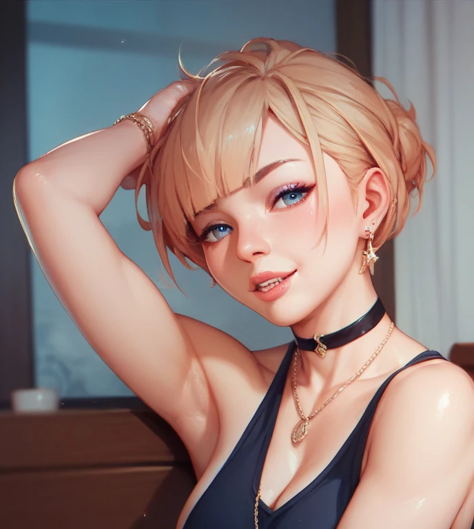 1 girl、alone、masterpiece,Highest quality,High resolution,Very detailed, skinny,Black choker,Earrings,Big cleavage、Off-the-shoulder tight sweater dress, (( Peace sign with both hands)), (Blowjob Gestures:1.5), (((Open your mouth))), Heavy breathing , (Ahegao Hentai), Blonde pixie short hair、 Accurate 5-finger、Accurate human body、Perfect human body、((Captivating smile ))、 Boyfriend's Room、Men's Room、Lights out room at night、indoor、High School Boy's Room、Detailed Background、