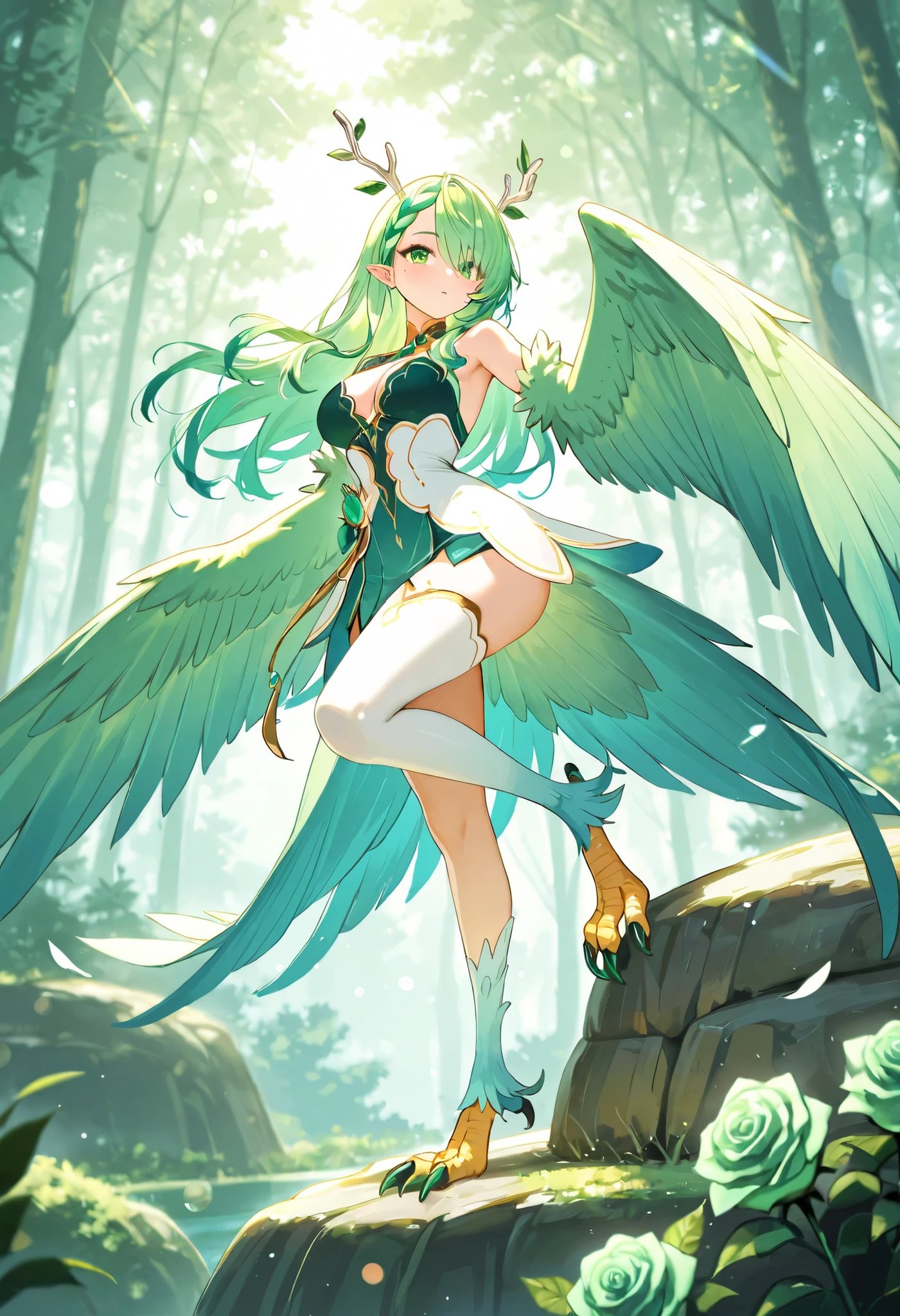 1 female, solo female, harpy, emerald green wings, beautiful wings, bird legs, detailed sharp black talons, tan skin, tomboyish appearance, slim body, body height, shoulder length green hair, bright yellow eyes, masterpiece, excellent details,sports shorts, flying over a forest, happy expression on face, extremely good detailed,silky emerald green hair