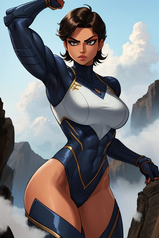 1girl, gorgeous, muscular, thick thighs, mature female, abs, wide hips, (masterpiece, high quality:1.1) ,shiny skin, soft, smooth skin, breast indentation, tight suit, busty, curvy, fit, toned, camel toe, lipstick, thick lips, make-up, highly detailed, kawaii, wet and shiny,