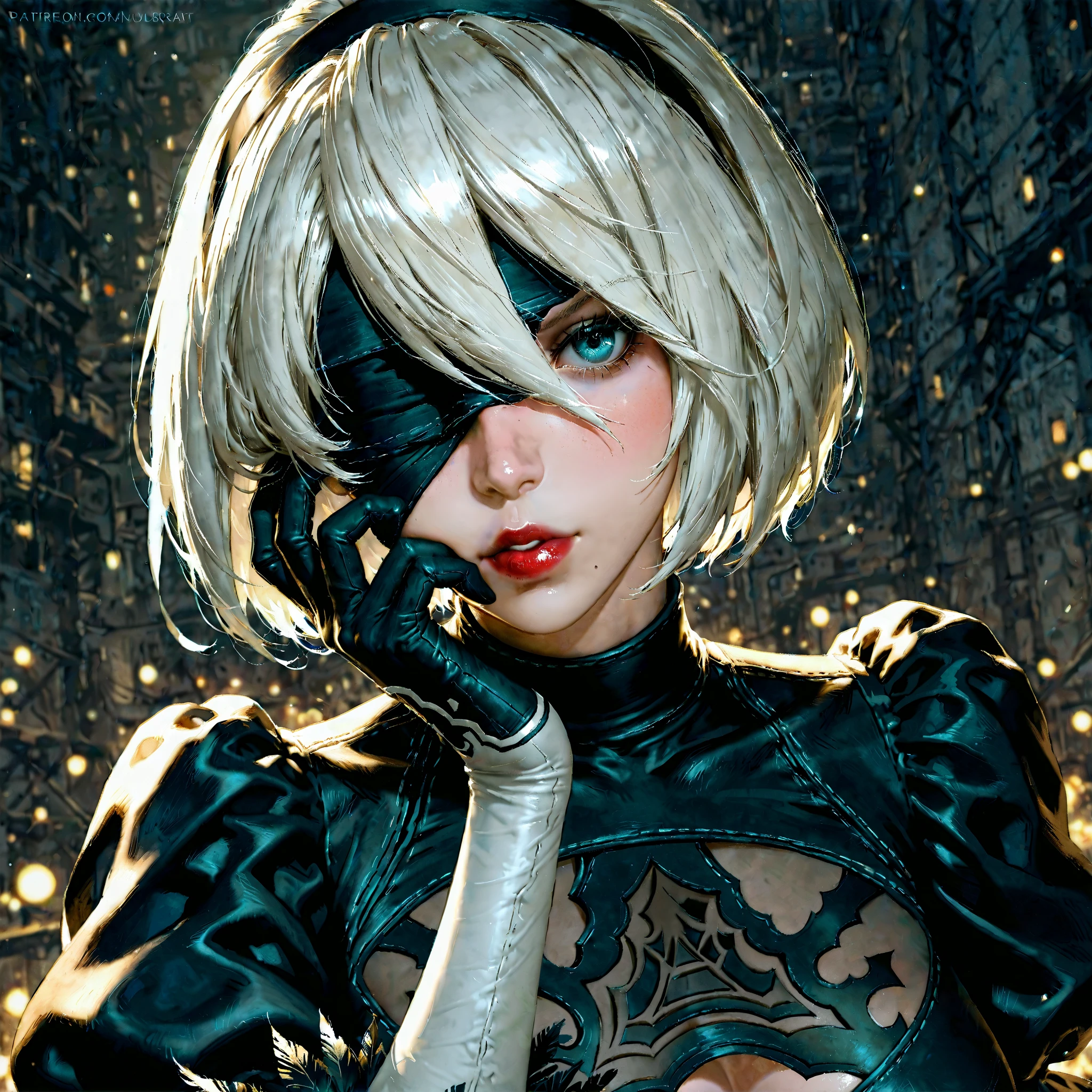 (highly detailed:1.3),(upper body:1.3),
1girl,solo,(light smile:1.2),
Ultra-detail,(highres:1.1),best quality,(masterpiece:1.3),cinematic lighting,
(highly detailed face and eyes:1.3),HeadpatPOV,pov,headpat, n_2b, blindfold, black blindfold, large breasts,