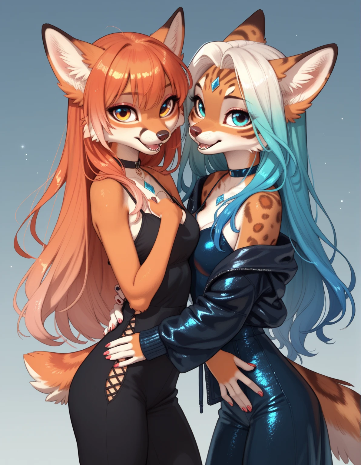 Hairy female, fox, anthropomorphic, Caauda, fox ear, white and cyan hair, pink shirt, black jumpsuit, Alone, brown and blue heterochromia,