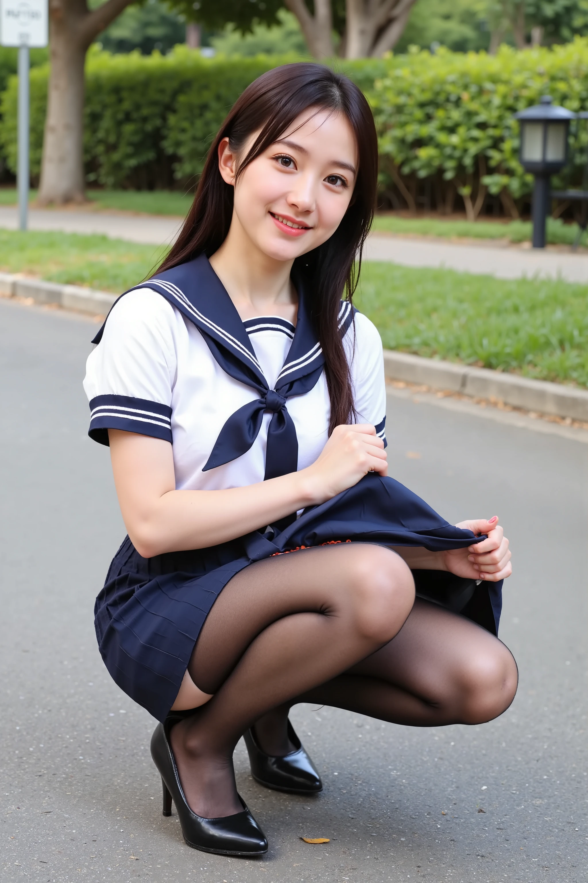 (【8k, ultra-High resolution, Premium Quality, masterpiece:1.2), masterpiece, Premium Quality, illustration, Super Detail, Exquisite description, High resolution, 【8k Wallpaper, Perfect dynamic composition, detail beautiful eyes, (((She hung up her skirt with her hands、Very Reality sailor suit texture))), full album 、 Black Stockings ,(seamless real Black Stockings 1 .1)Extremely realistic:1.21, High resolutionの写真 :1.21, HD picture :1.21, High fidelity :1.21, ( Premium Quality:1.37), 32k resolution, high dynamic range :1.5, Very Fine :1.5, 超Reality主義 :1.5, file size very large :1.5, masterpiece:1.21, Noise canceling as the original :1.5, Reality :1.5, Original photo from the last century :1.5, Japanese beauty holding a commander rod in her right hand , constellation :1.1, brown hair, HyumaもJapanese beauty holding a commander rod in her right hand{x}。 , She wears , wearing a traditional sailor outfit wearing a Tokyo school bun , White , One side short-sleeved sailor suit :1.21, Get lucky :1.21, とても Japanese beauty holding a commander rod in her right hand , navy blue pleated mini skirt , background , movie lights, crouched with her legs spread out for sex :1.5