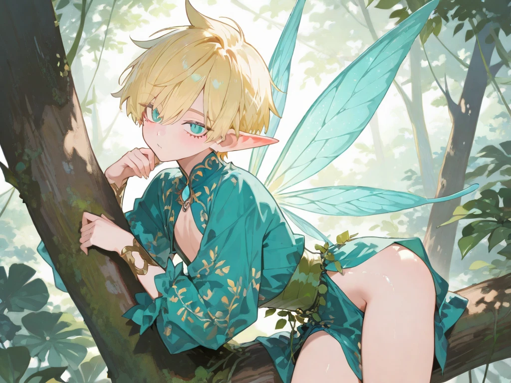best quality, expressive eyes, perfect face, male, young man, femboy, flat chest, fantasy, lingerie, lewd, facing the viewer, fairy, fantasy background, fairy lingerie, green eyes, green hair, short hair, nipples