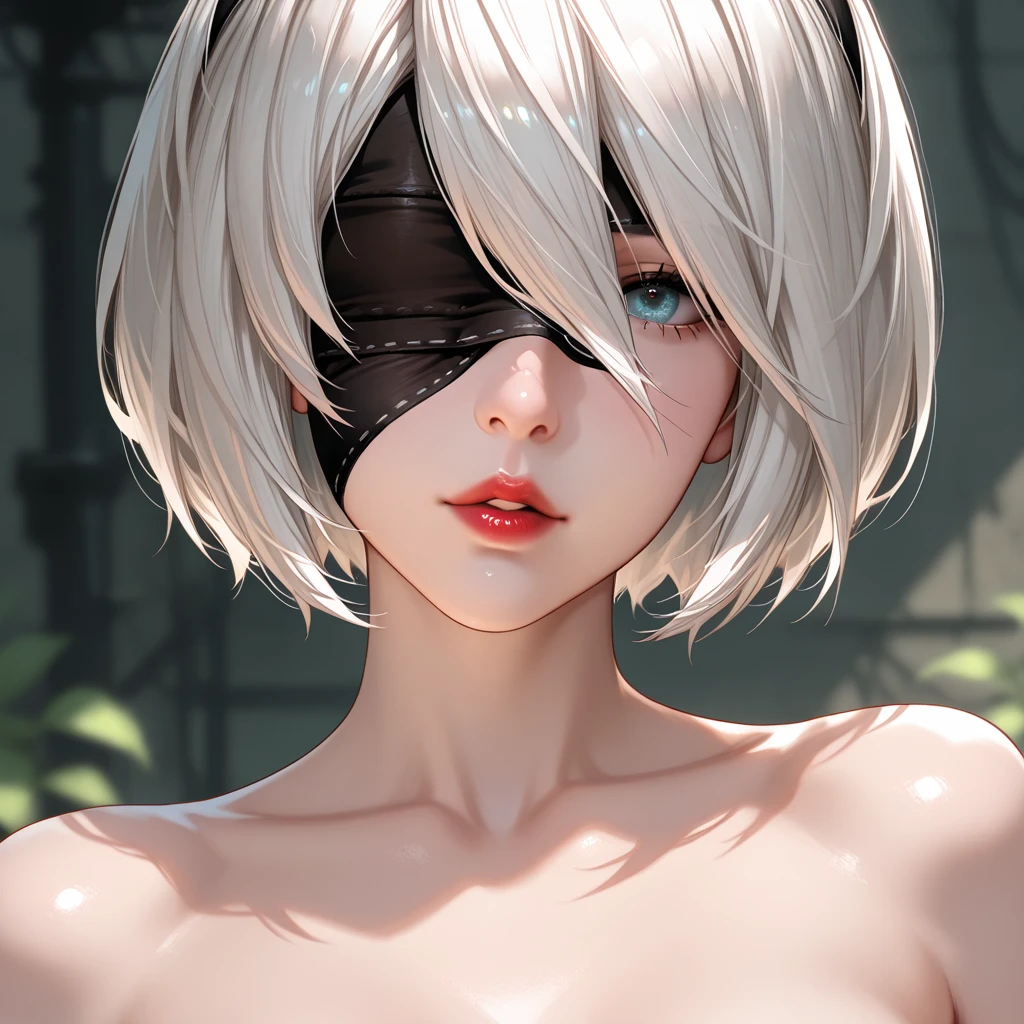 score_9, score_8_up, score_7_up,score_6_up, score_5_up, 1girl, looking at the viewer, 2b_(nier:automata), nier_(series), white_hair, covered_eyes,