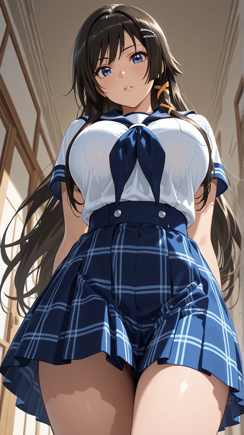 Best Quality, masutepiece, Portrait, , 1girl in, minato, brown hair, Long hair, side ponytail, , (big eyes:0.8), blue eyes, , Pleated skirt, crass room, Looking at Viewer, from below, a miniskirt, white panties, (big breasts:1.2),
