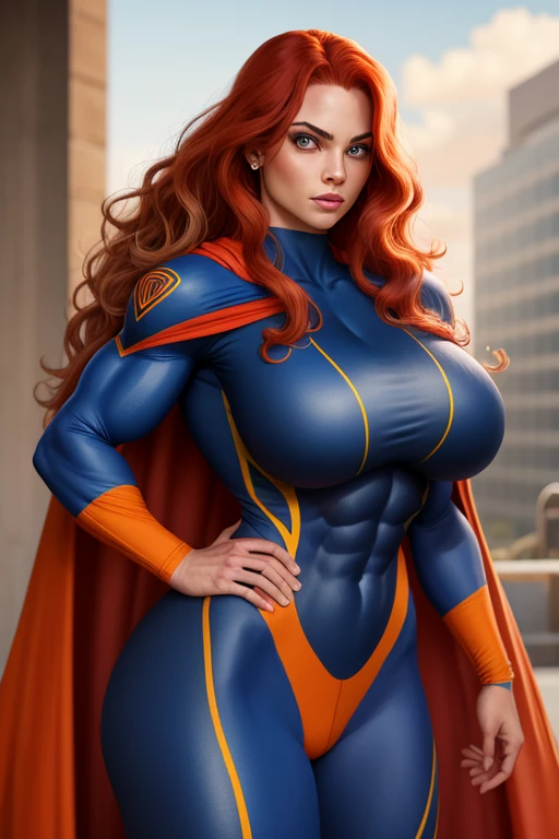 (Busty muscular brute cute Lorah, huge strong biceps volume, huge firm breasts volume, enormous tits volume, strong tonned exposed abs, muscular strong legs, bodybuilder muscles bursting in strength, exposed abs skin, tight superheroine leather blue underwear, light orange cape, ginger hair, blue eyes, night city background, bare foot, (hovering above the ground)