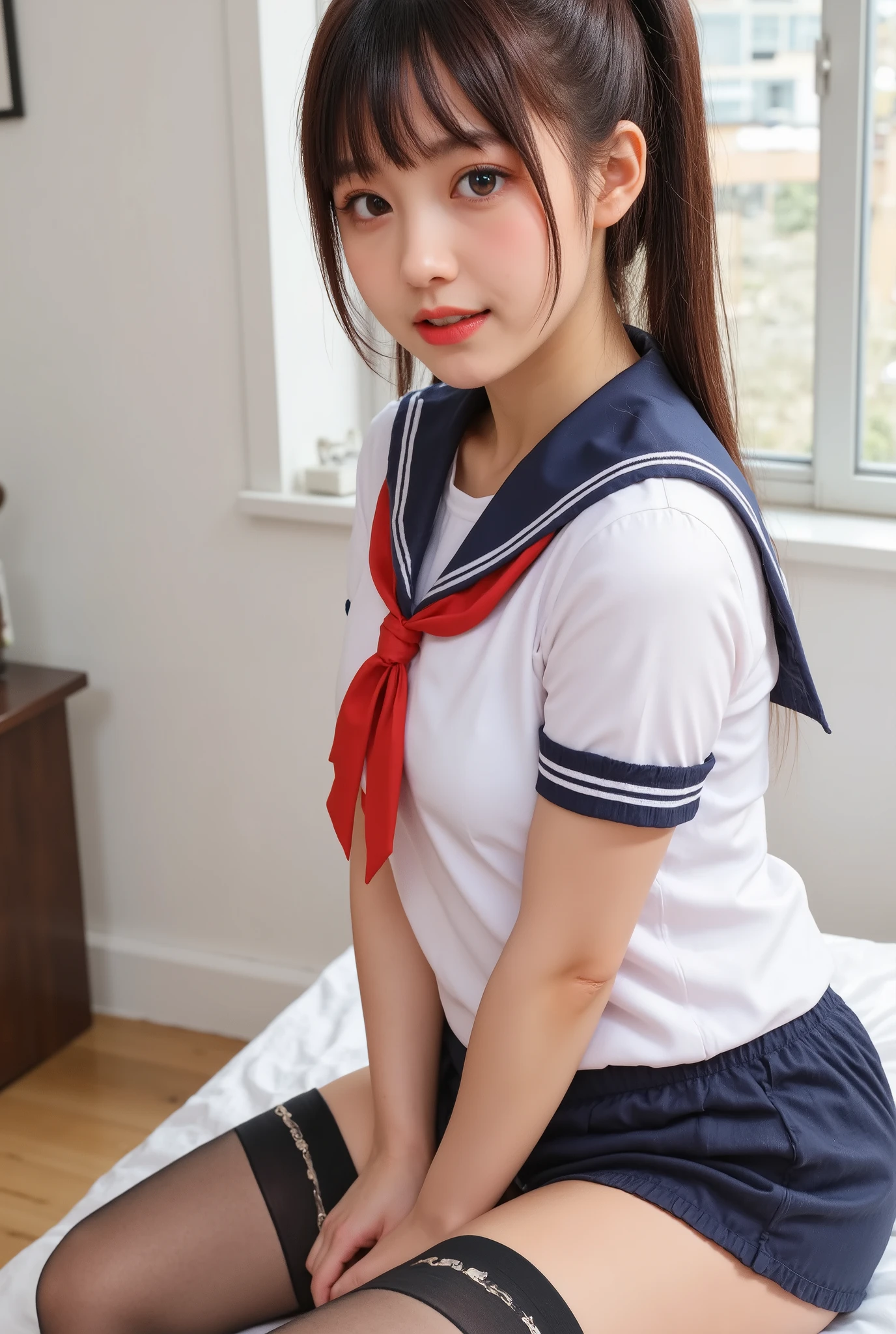 (【8k, ultra-High resolution, Premium Quality, masterpiece:1.2), masterpiece, Premium Quality, illustration, Super Detail, Exquisite description, High resolution,  【8k Wallpaper, Perfect dynamic composition, detail beautiful eyes, (((She hung up her skirt with her hands、Very Reality sailor suit texture))),  full album   、   Black Stockings  ,(seamless real   Black Stockings   1 .1)Extremely realistic:1.21,    High resolutionの写真   :1.21,    HD picture   :1.21,    High fidelity    :1.21, ( Premium Quality:1.37), 32k resolution,      high dynamic range    :1.5,      Very Fine :1.5,     超Reality主義  :1.5,     file size very large     :1.5, masterpiece:1.21,     Noise canceling as the original   :1.5,   Reality  :1.5,     Original photo from the last century  :1.5,     Japanese beauty holding a commander rod in her right hand  ,    constellation    :1.1,     brown hair,        HyumaもJapanese beauty holding a commander rod in her right hand{x}。    ,      She wears     ,     wearing a traditional sailor outfit wearing a Tokyo school bun  ,     White ,       One side short-sleeved sailor suit   :1.21,    Get lucky     :1.21,   とても  Japanese beauty holding a commander rod in her right hand  ,     navy blue pleated mini skirt , background ,    movie lights,   crouched with her legs spread out for sex  :1.5