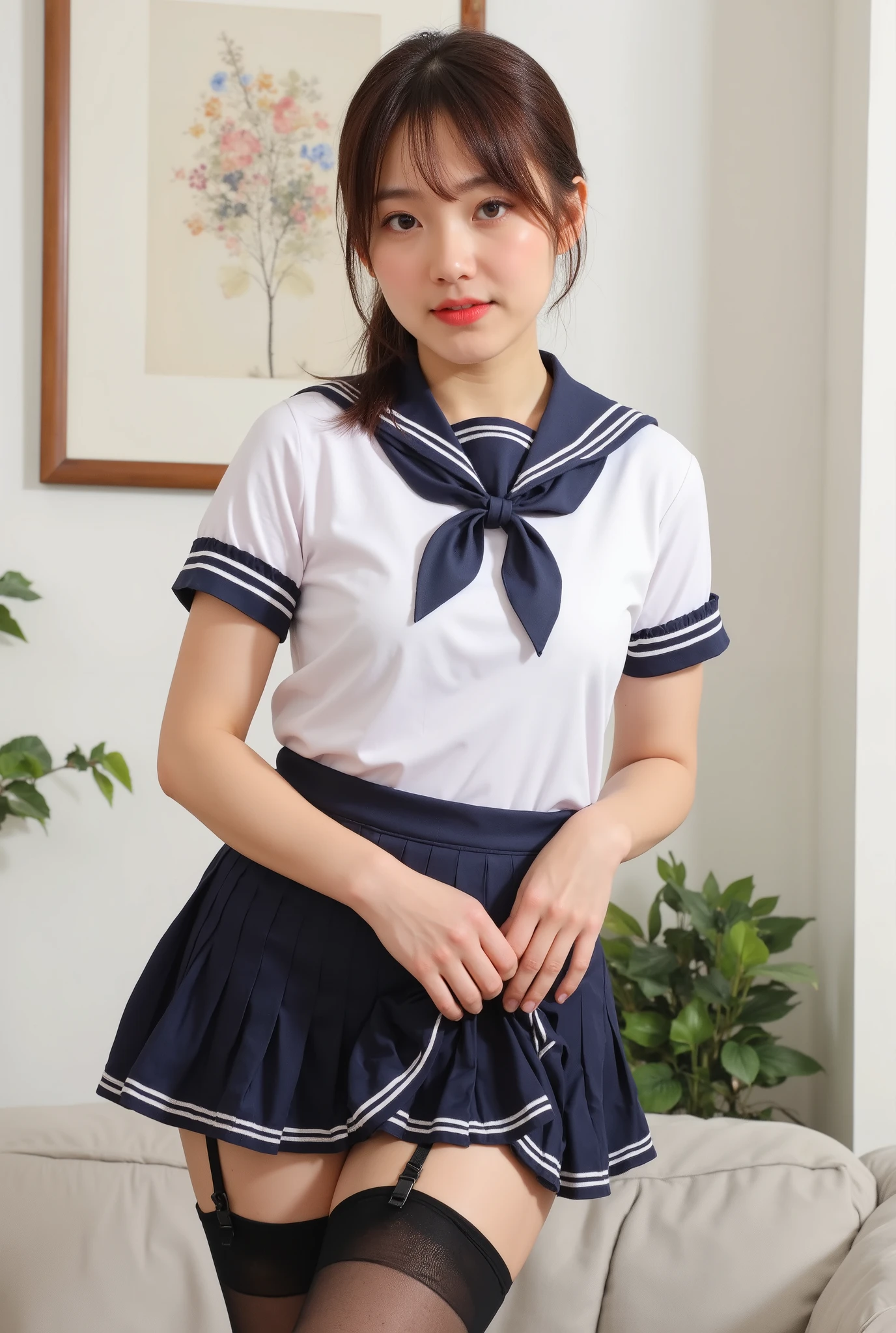((highest quality、8k、masterpiece:1.3)),((((fullbody shot)))),Ultra-high resolution,big eyes,Japanese,bangs,(a girl),(1 girl),((20 years old)),((facing at viewer)),(long hair),(((black sailor uniform))),grin,((sitting on chair)),(pleated mini skirt),(((pussy))),((pubic hair)),((skirt lift)),((black platform shoes))