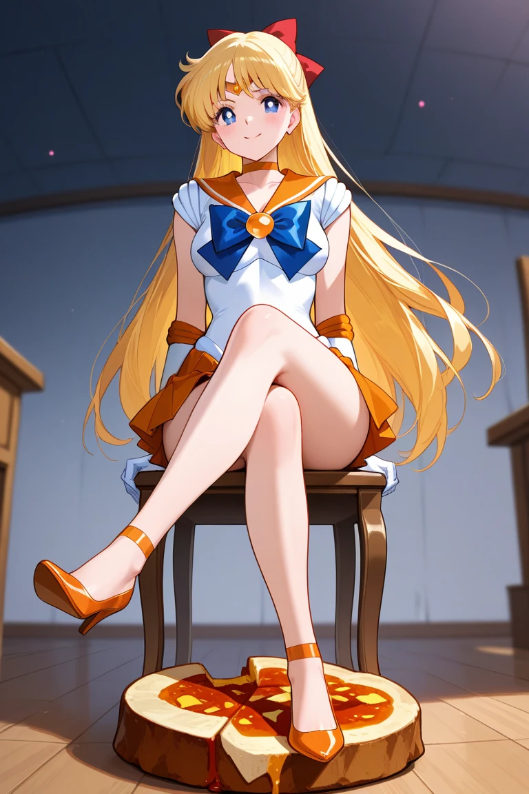 Sailor Venus, sitting on a chair with crossed legs, stepping on food
