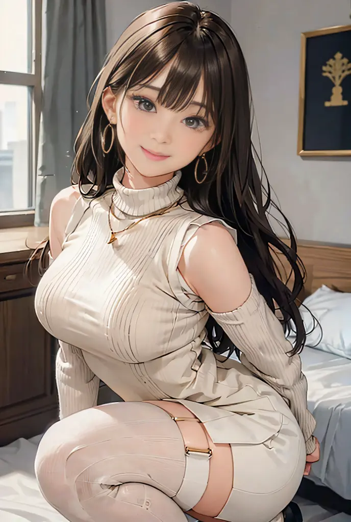 Highest quality, masterpiece, Ultra-high resolution, Film Grain, movie, One girl, View Viewer, Natural skin texture, Realistic eye and facial details, full 唇, Lip tick, (compensate), Red eyeshadow, Brown Hairロングヘアー,Korean beauty style,Feminine fashion female characters,White shirt,Black Mini Skirt,Knee-high boots,smile, Close your mouth, beautiful feet, Tall Woman, skinny, slim_feet, alone, Large Breasts,Natural pose,Brown Hair,bracelet,Similar to VIVIZ&#39;s UMJI,Korean Style,Korean,かわいいKorean,Natural Makeup,cute,Earrings,Depth of written boundary