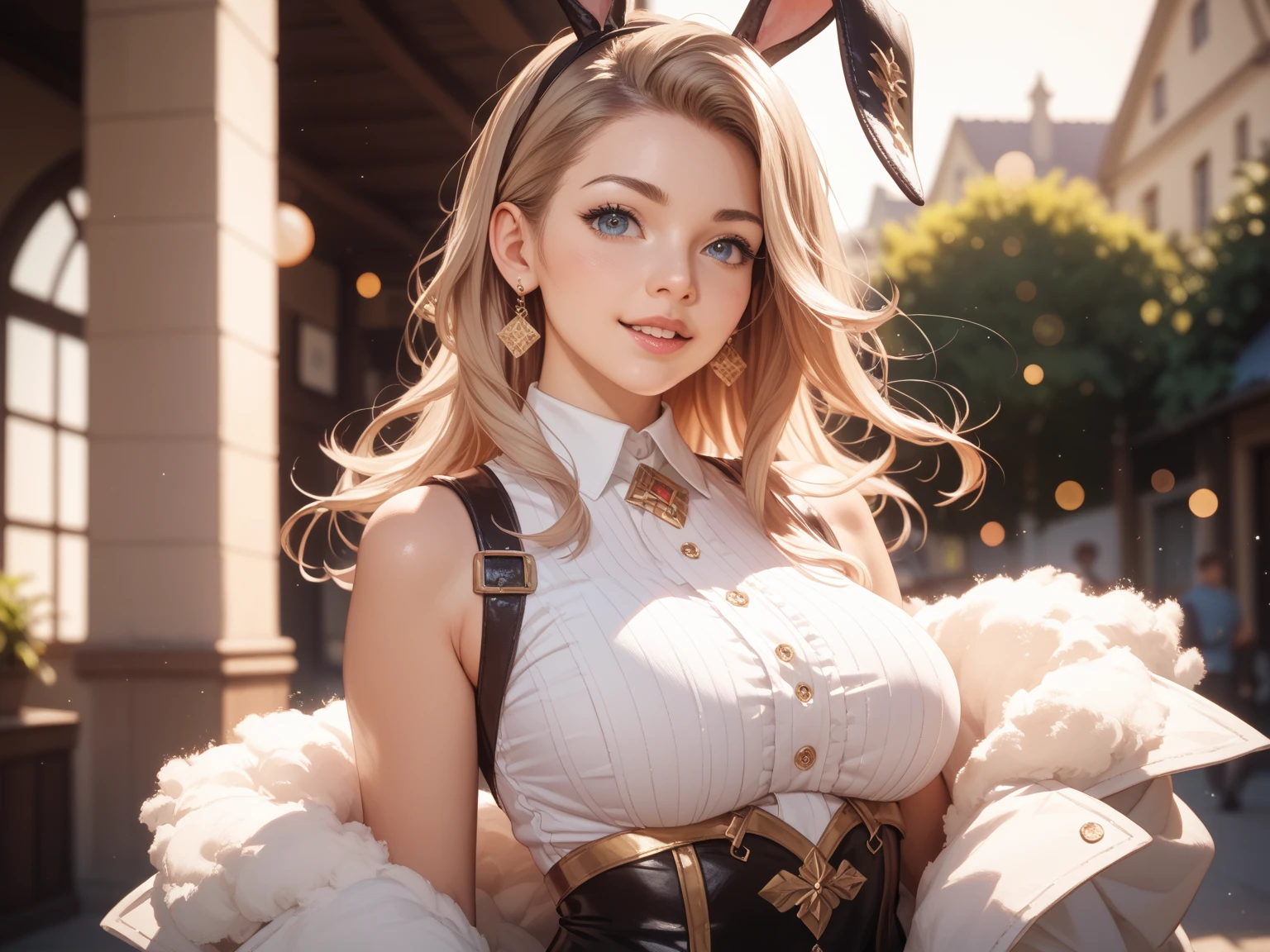 un impresionante, highly realistic photo of a blonde woman dressed as Eevee from Pokémon, with a vibrant representation of the costume and a backdrop of greenery.