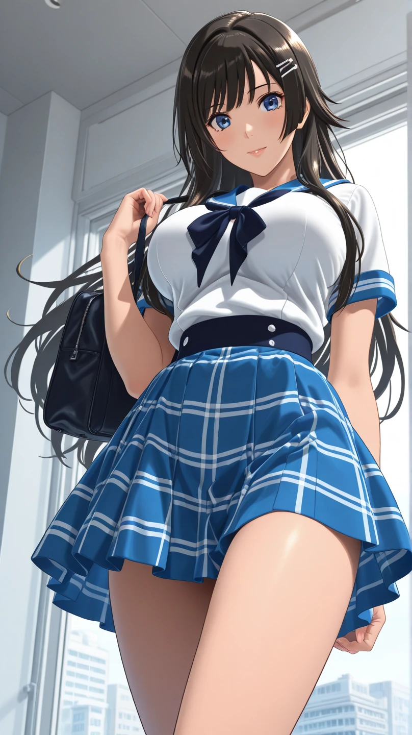 ((Tabletop, Highest quality, High resolution, , Pixel Perfect, 4K,))), 2 women, 、The whole body is visible、 ((Long Wavy Hair, bangs, Brown Hair)), ((Brown eyes, Beautiful eyelashes, Realistic eyes)), ((Detailed face, blush:1.2)), ((Smooth texture:0.75, Realistic texture:0.65, Realistic:1.1, Anime CG style)), Big Breasts, Dynamic Angle, Perfect body, (( , , Schoolgirl uniform、Sailor suit、White shirt、Pleated skirt、 、Floral lace panties 、)), On the way up the stairs、Big staircase in the city、、、Very embarrassing panic smile, 、、The gesture of holding the skirt with your hand、、、、、、 、Angle from below)、