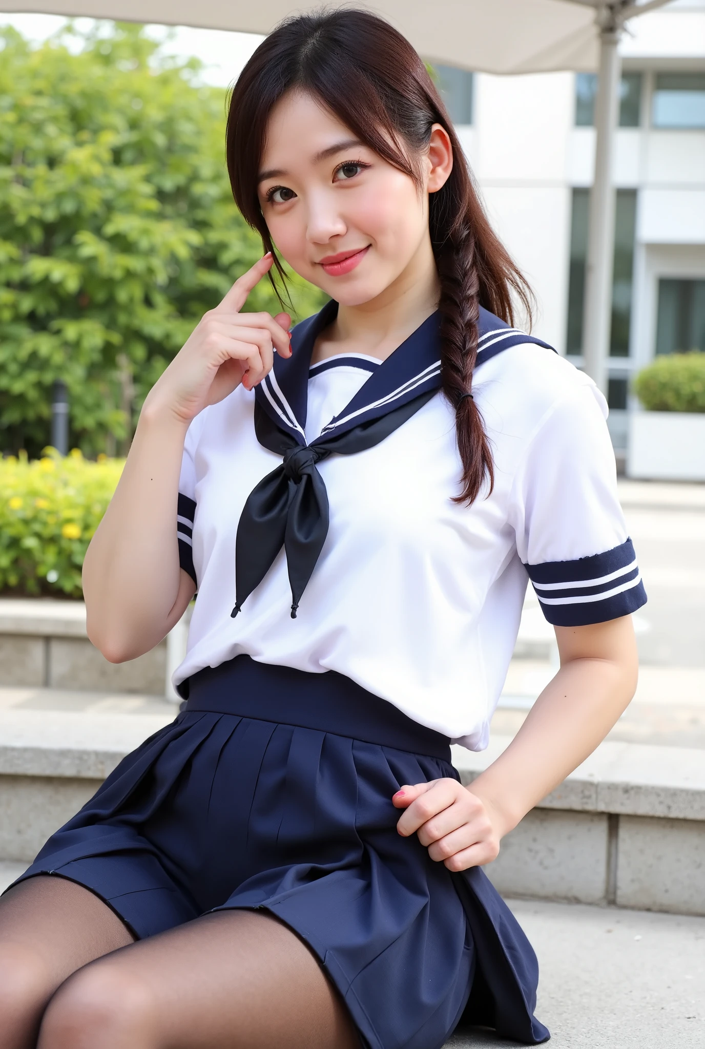 (【8k, ultra-High resolution, Premium Quality, masterpiece:1.2), masterpiece, Premium Quality, illustration, Super Detail, Exquisite description, High resolution, 【8k Wallpaper, Perfect dynamic composition, detail beautiful eyes, (((She hung up her skirt with her hands、Very Reality sailor suit texture))), full album 、 Black Stockings ,(seamless real Black Stockings 1 .1)Extremely realistic:1.21, High resolutionの写真 :1.21, HD picture :1.21, High fidelity :1.21, ( Premium Quality:1.37), 32k resolution, high dynamic range :1.5, Very Fine :1.5, 超Reality主義 :1.5, file size very large :1.5, masterpiece:1.21, Noise canceling as the original :1.5, Reality :1.5, Original photo from the last century :1.5, Japanese beauty holding a commander rod in her right hand , constellation :1.1, brown hair, HyumaもJapanese beauty holding a commander rod in her right hand{x}。 , She wears , wearing a traditional sailor outfit wearing a Tokyo school bun , White , One side short-sleeved sailor suit :1.21, Get lucky :1.21, とても Japanese beauty holding a commander rod in her right hand , navy blue pleated mini skirt , background , movie lights, crouched with her legs spread out for sex :1.5