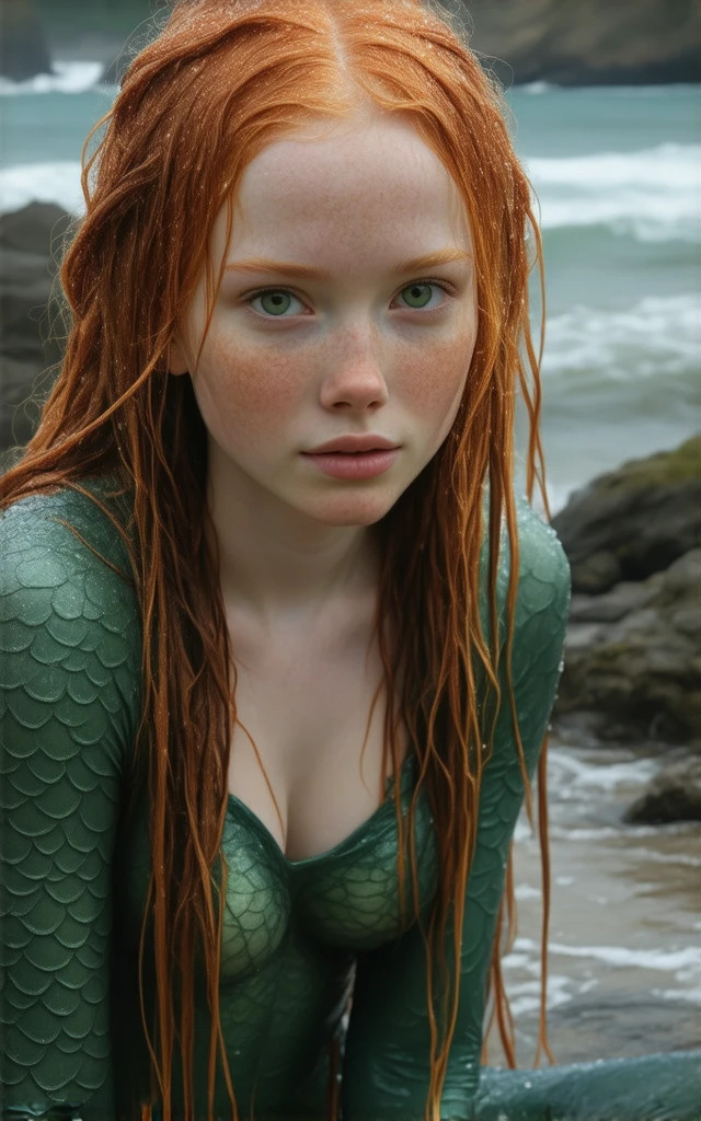 professional close-up portrait photography of the face of a beautiful ((ohwx woman)) seabed,huge octopus,octopus tentacles,octopus tentacles wrapped around the Queen of sea Mera,a girl, Amber Heard plays Mera, Red long hair,Green tight scales,Low-cut,sexy body, beautiful face,painful expression,sad,lively expressions,seduce。huge breasts, Huge ass, plump body, green sexy bra, sexy thong、,camel toes are clear,hand-held treasure,combat action,camel toes are clear,magic high quality painting, nikon z9