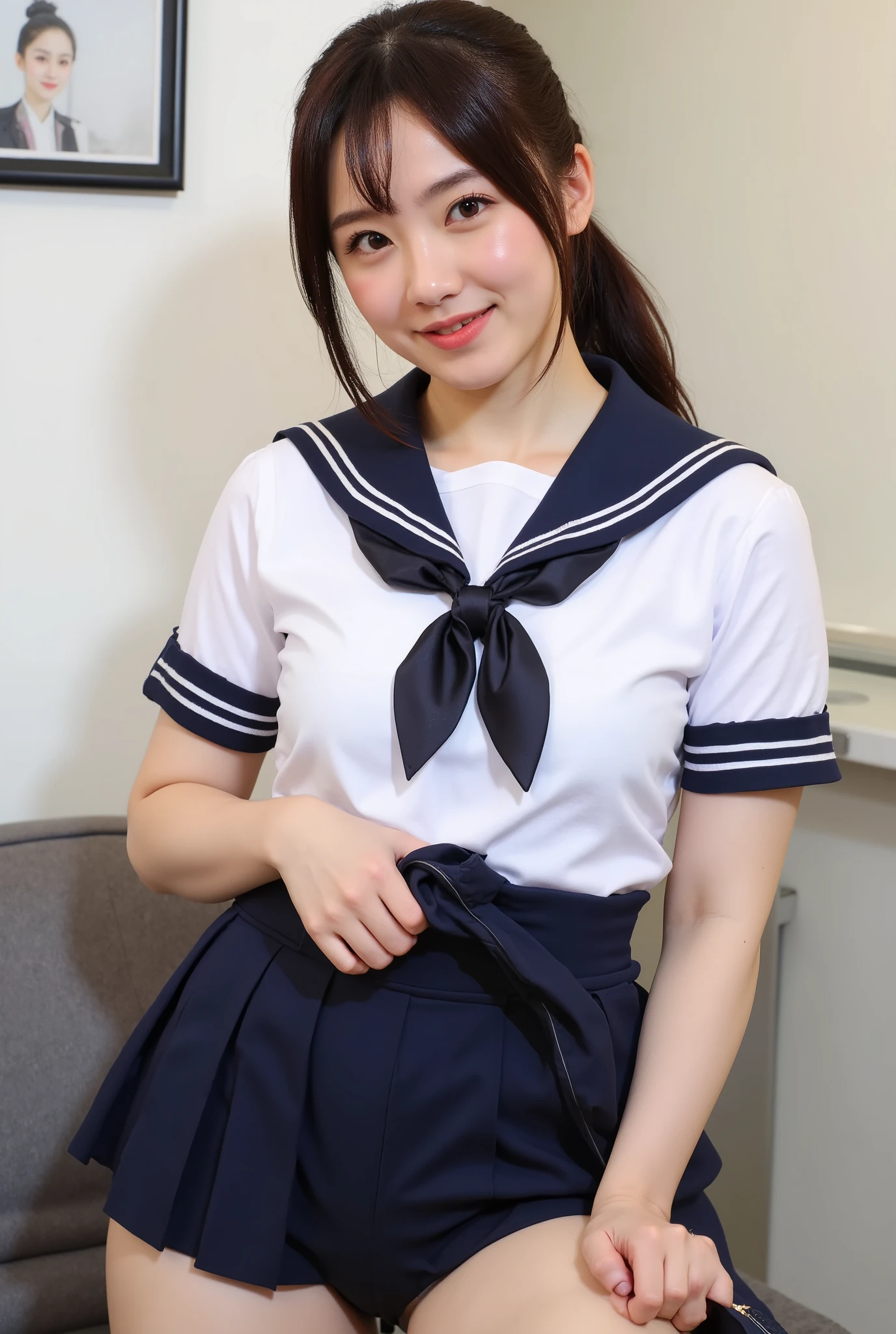(【8k, ultra-High resolution, Premium Quality, masterpiece:1.2), masterpiece, Premium Quality, illustration, Super Detail, Exquisite description, High resolution, 【8k Wallpaper, Perfect dynamic composition, detail beautiful eyes, (((She hung up her skirt with her hands、Very Reality sailor suit texture))), full album 、 Black Stockings ,(seamless real Black Stockings 1 .1)Extremely realistic:1.21, High resolutionの写真 :1.21, HD picture :1.21, High fidelity :1.21, ( Premium Quality:1.37), 32k resolution, high dynamic range :1.5, Very Fine :1.5, 超Reality主義 :1.5, file size very large :1.5, masterpiece:1.21, Noise canceling as the original :1.5, Reality :1.5, Original photo from the last century :1.5, Japanese beauty holding a commander rod in her right hand , constellation :1.1, brown hair, HyumaもJapanese beauty holding a commander rod in her right hand{x}。 , She wears , wearing a traditional sailor outfit wearing a Tokyo school bun , White , One side short-sleeved sailor suit :1.21, Get lucky :1.21, とても Japanese beauty holding a commander rod in her right hand , navy blue pleated mini skirt , background , movie lights, crouched with her legs spread out for sex :1.5